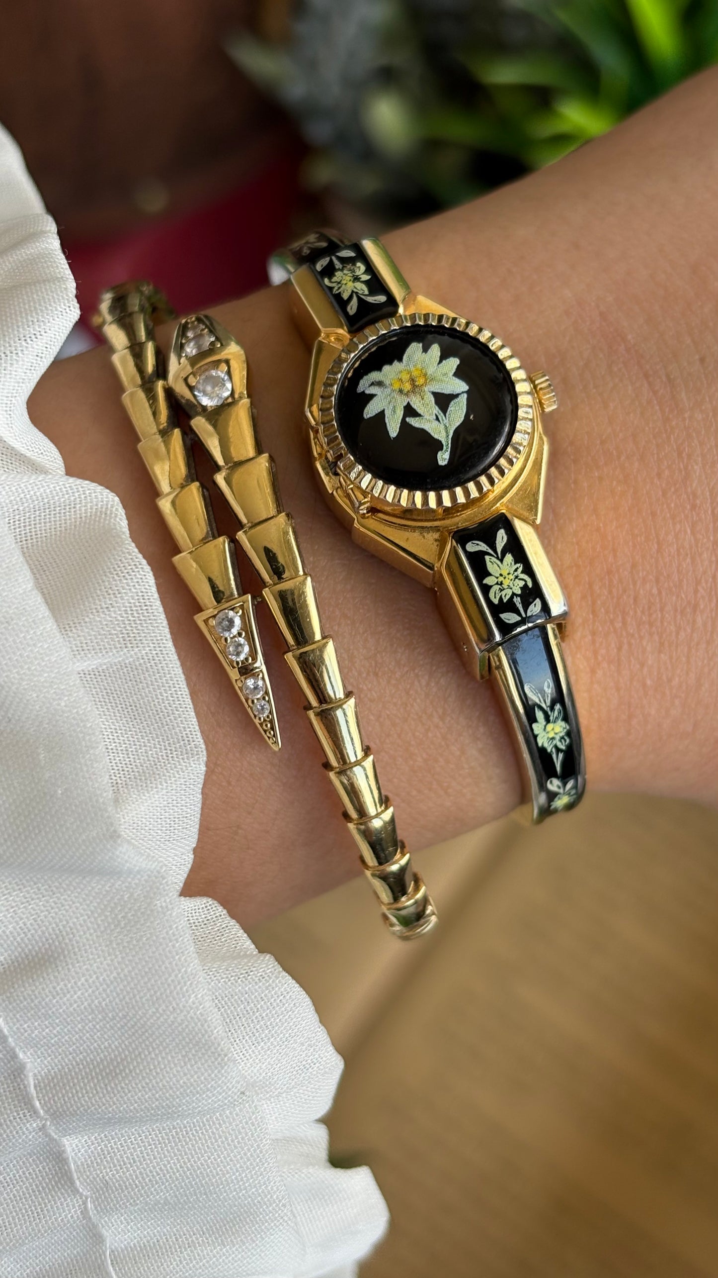 Extremely Rare Vintage Flower Peekaboo Watch in Gold Tone Black Accent Swiss Made