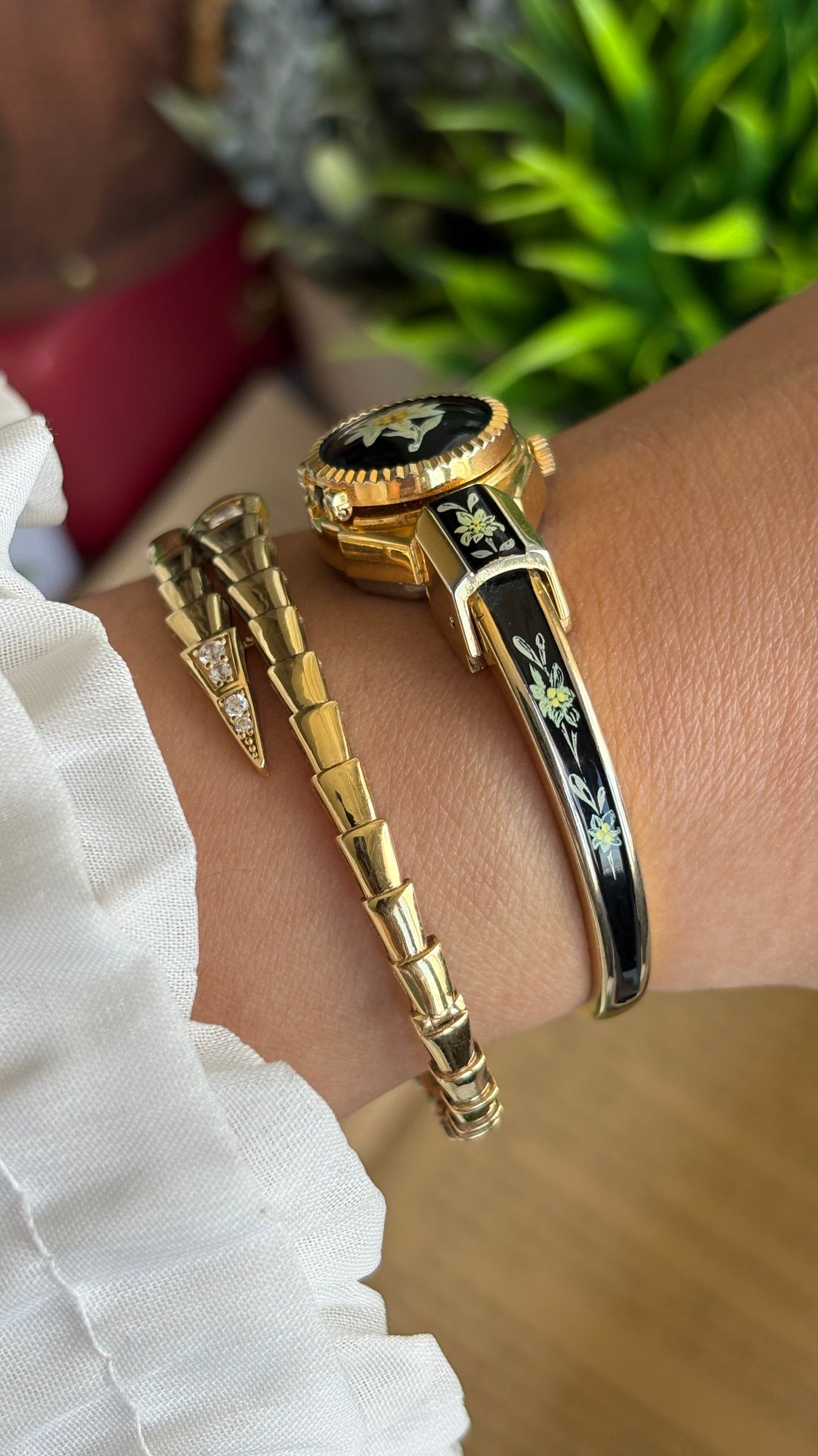 Extremely Rare Vintage Flower Peekaboo Watch in Gold Tone Black Accent Swiss Made