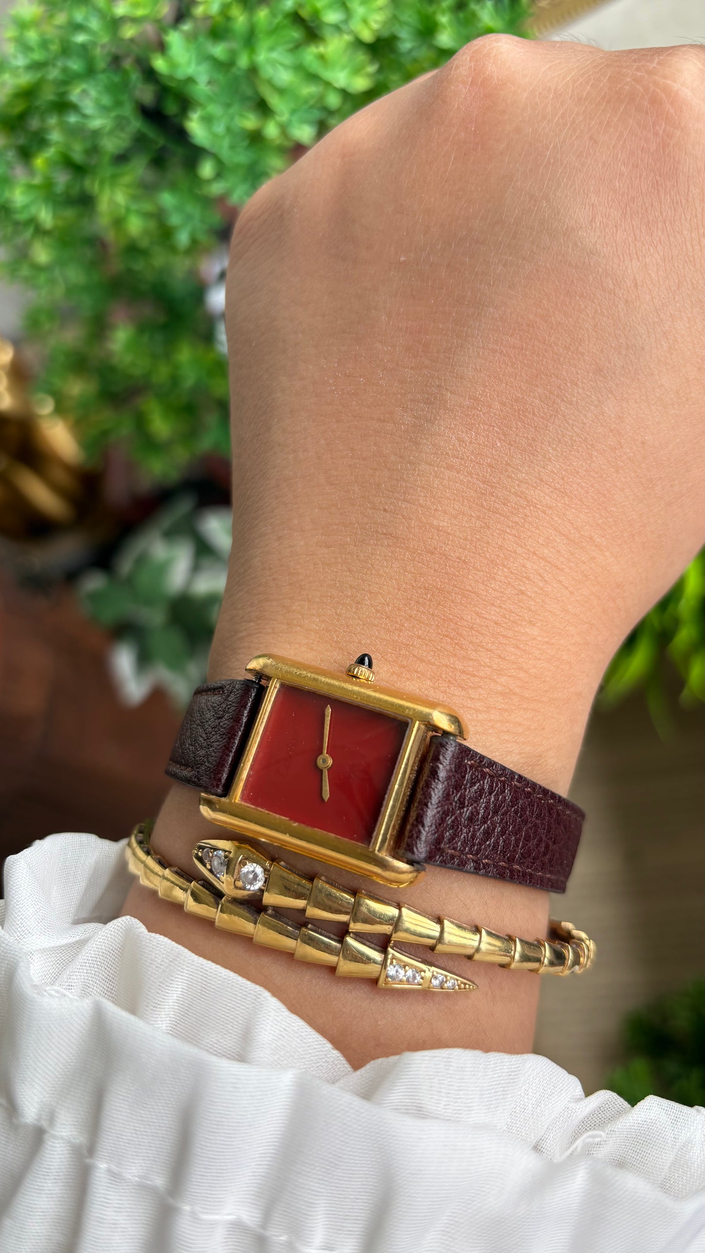Vintage Cartier Tank Must De Cartier ‘Burgundy' Dial 1970’s Watch in Brown Leather Strap