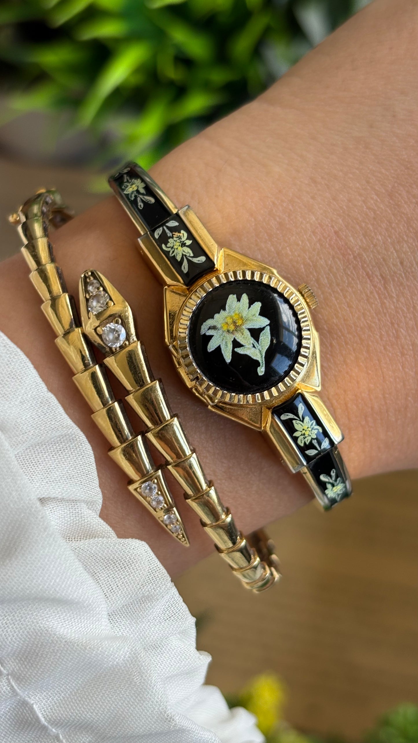 Extremely Rare Vintage Flower Peekaboo Watch in Gold Tone Black Accent Swiss Made
