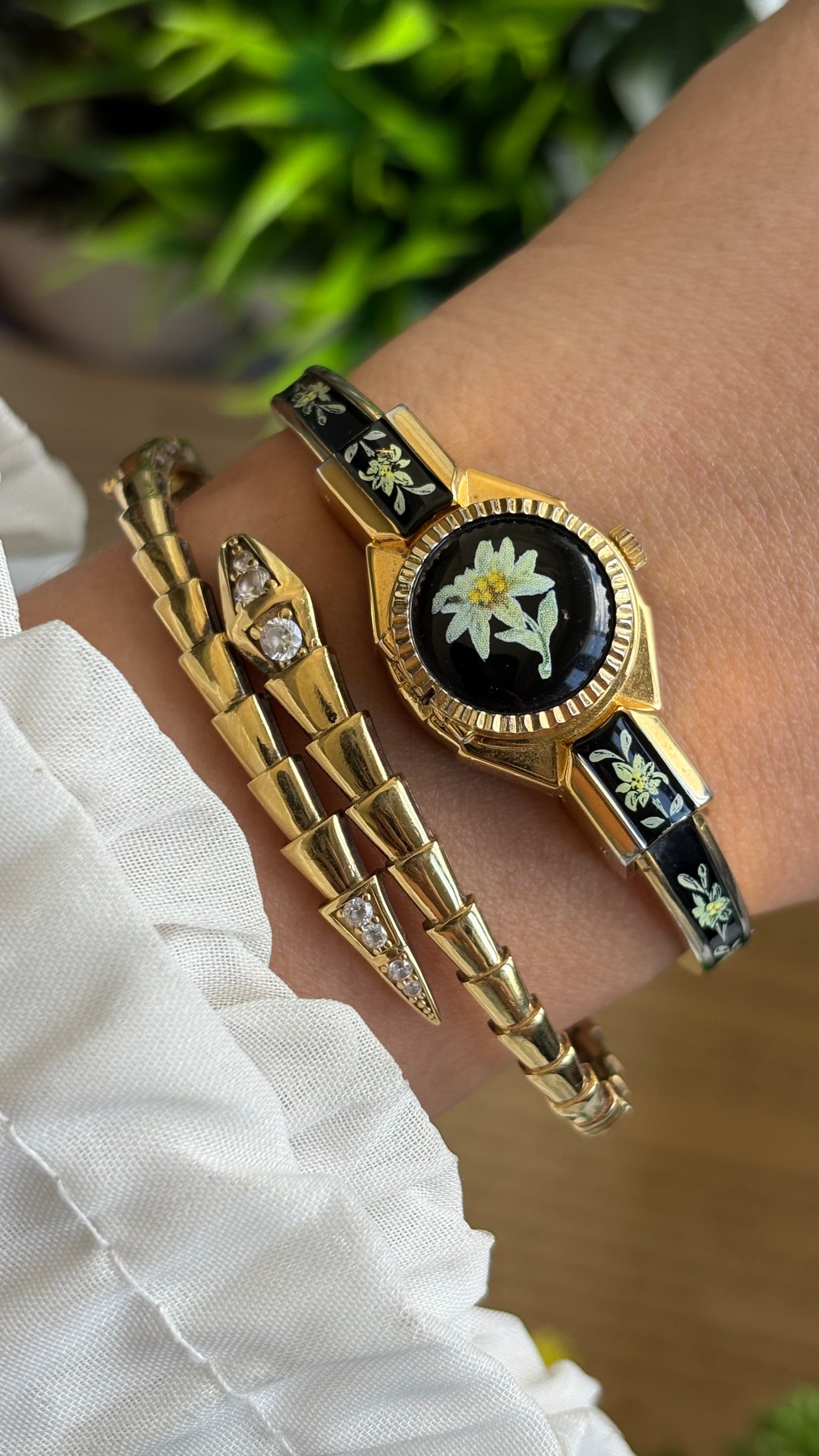 Extremely Rare Vintage Flower Peekaboo Watch in Gold Tone Black Accent Swiss Made