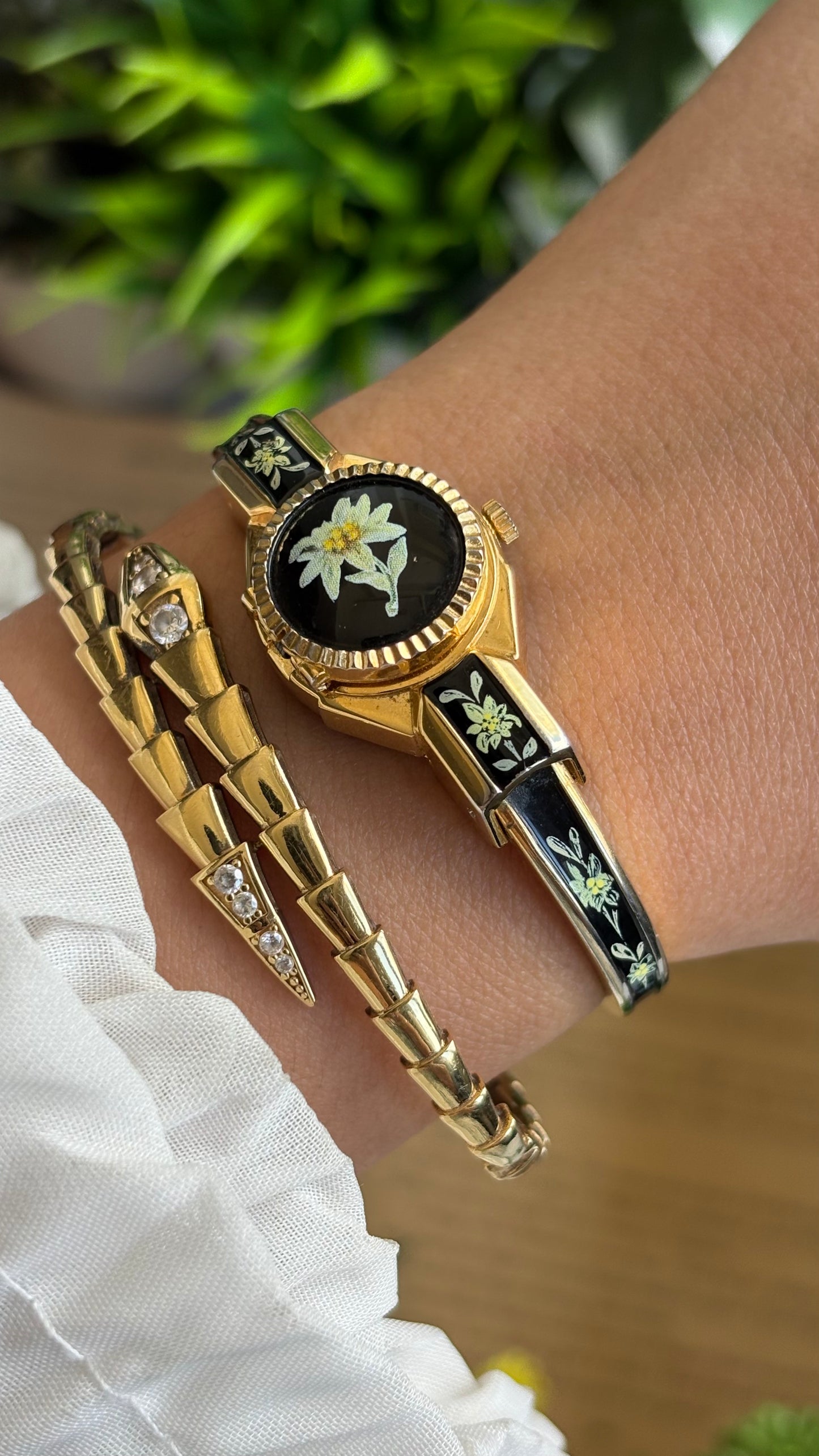Extremely Rare Vintage Flower Peekaboo Watch in Gold Tone Black Accent Swiss Made