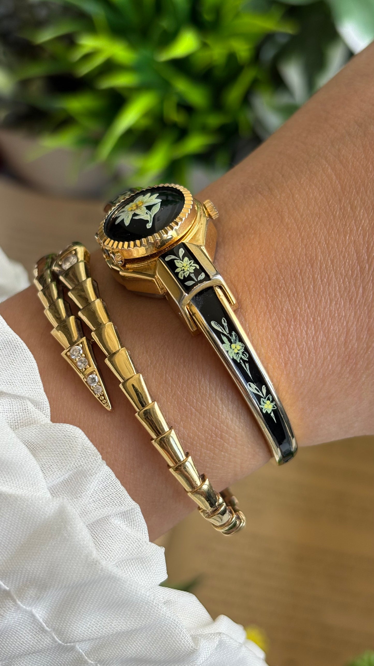 Extremely Rare Vintage Flower Peekaboo Watch in Gold Tone Black Accent Swiss Made