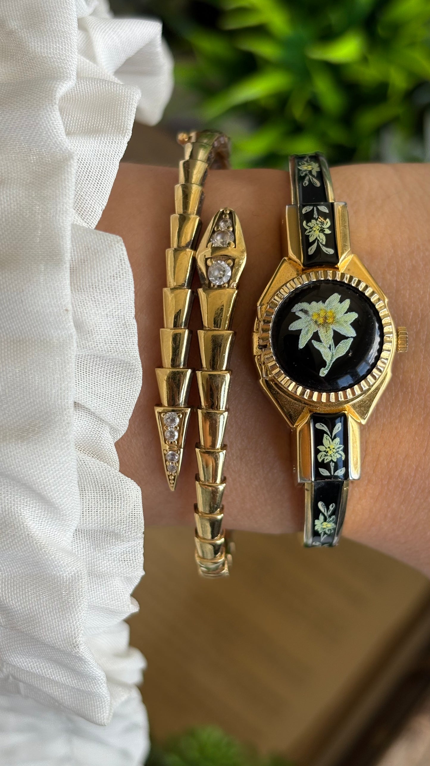 Extremely Rare Vintage Flower Peekaboo Watch in Gold Tone Black Accent Swiss Made