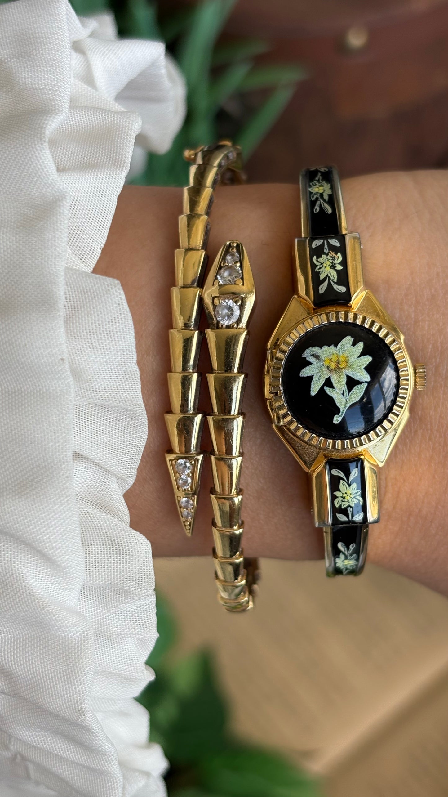 Extremely Rare Vintage Flower Peekaboo Watch in Gold Tone Black Accent Swiss Made