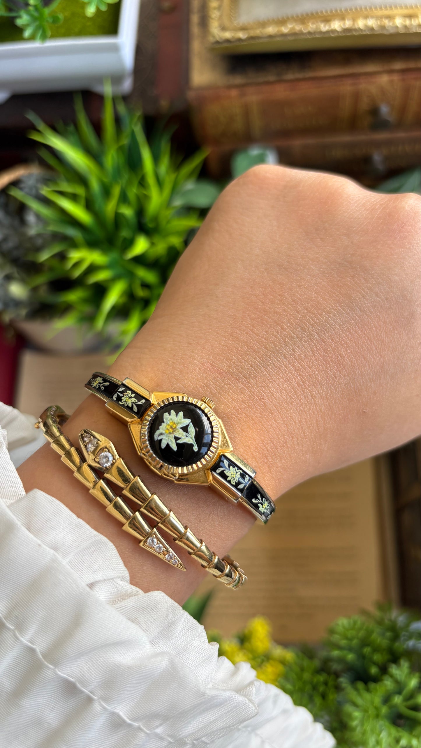 Extremely Rare Vintage Flower Peekaboo Watch in Gold Tone Black Accent Swiss Made