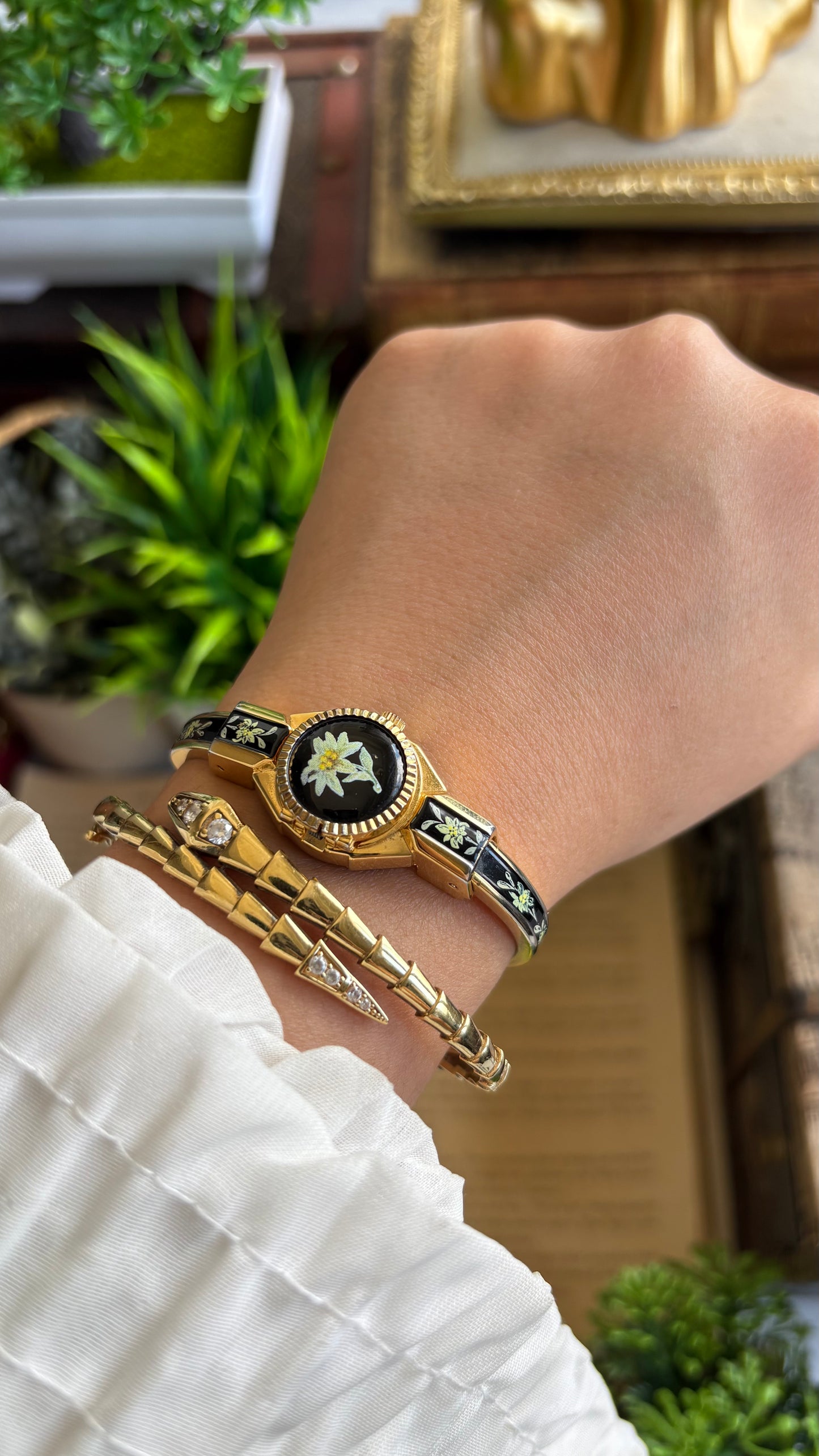 Extremely Rare Vintage Flower Peekaboo Watch in Gold Tone Black Accent Swiss Made