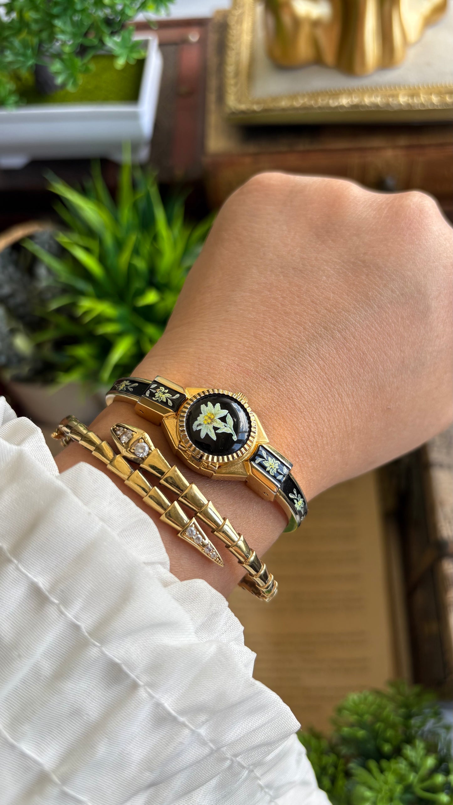 Extremely Rare Vintage Flower Peekaboo Watch in Gold Tone Black Accent Swiss Made
