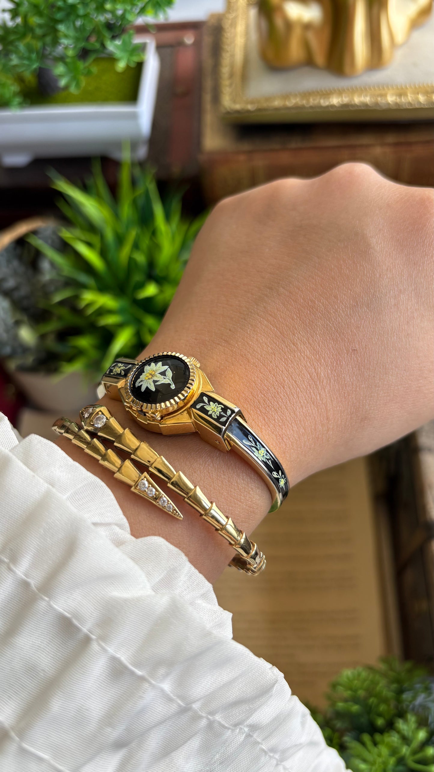 Extremely Rare Vintage Flower Peekaboo Watch in Gold Tone Black Accent Swiss Made