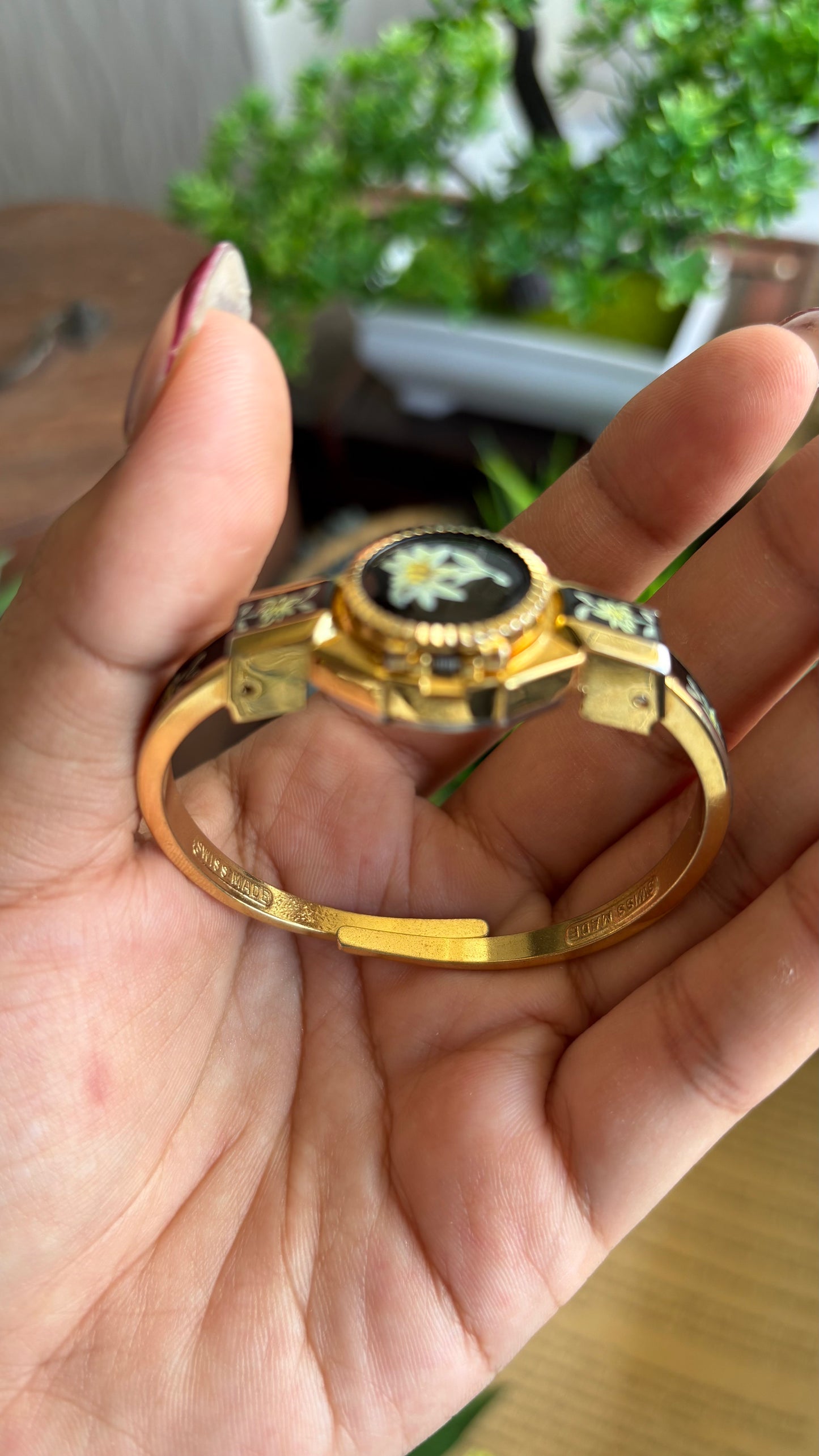 Extremely Rare Vintage Flower Peekaboo Watch in Gold Tone Black Accent Swiss Made