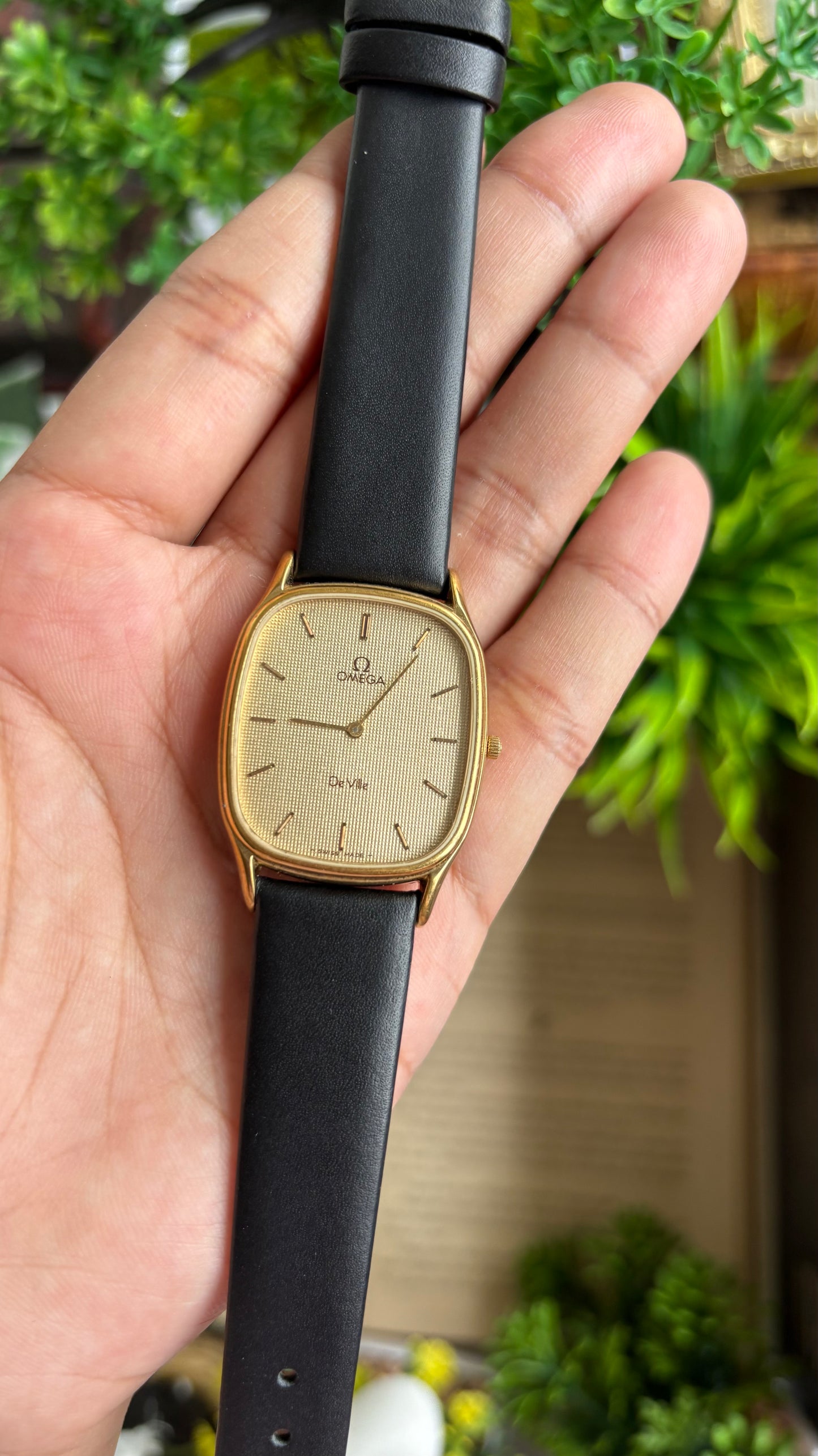 Vintage Omega De Ville Tank Men’s Dress Watch in Black Leather Strap Textured Dial with Omega Box
