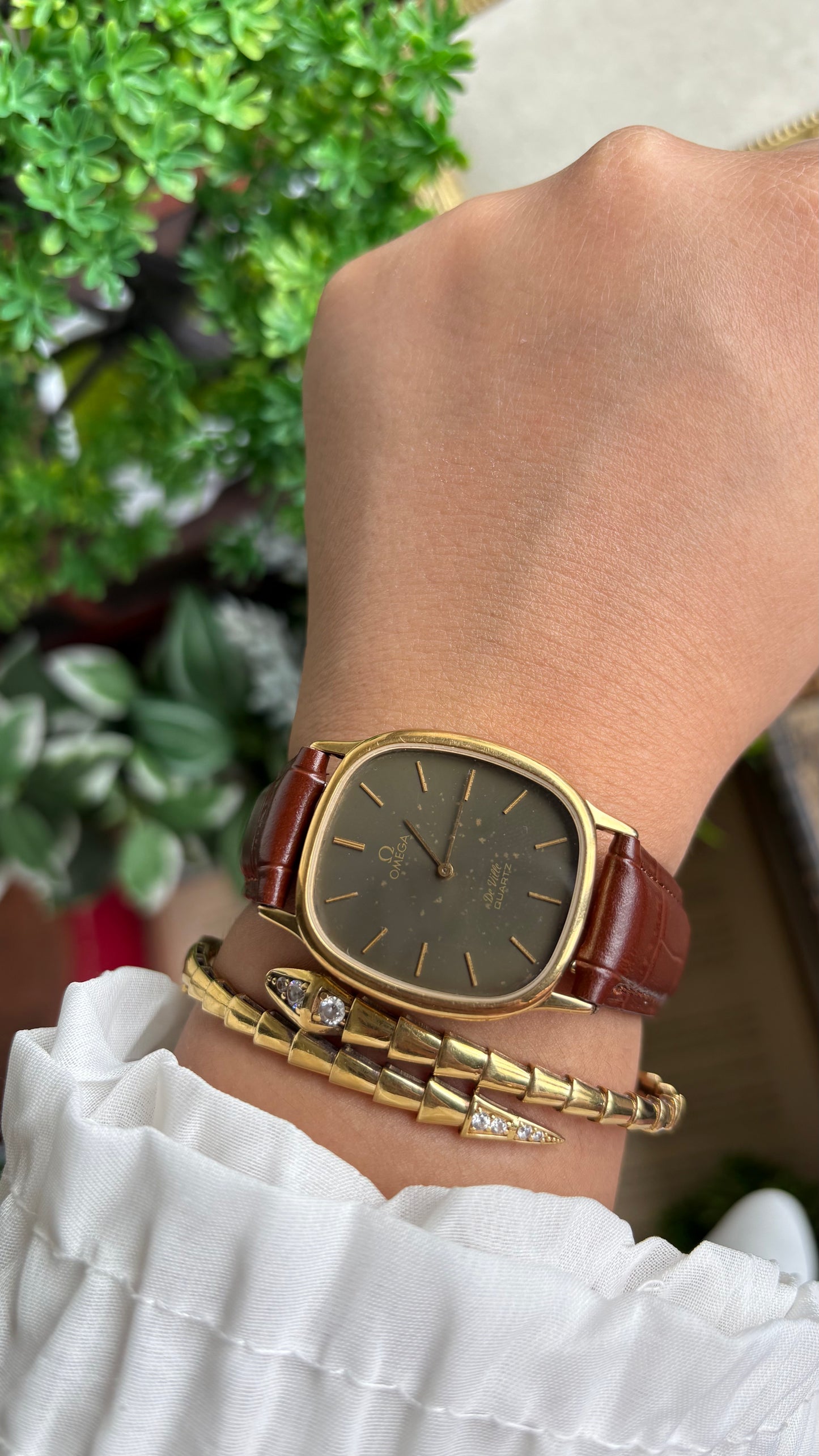 Vintage Omega De Ville Tank Men’s Dress Watch in Brown Leather Strap Black Grey Dial with Omega Box