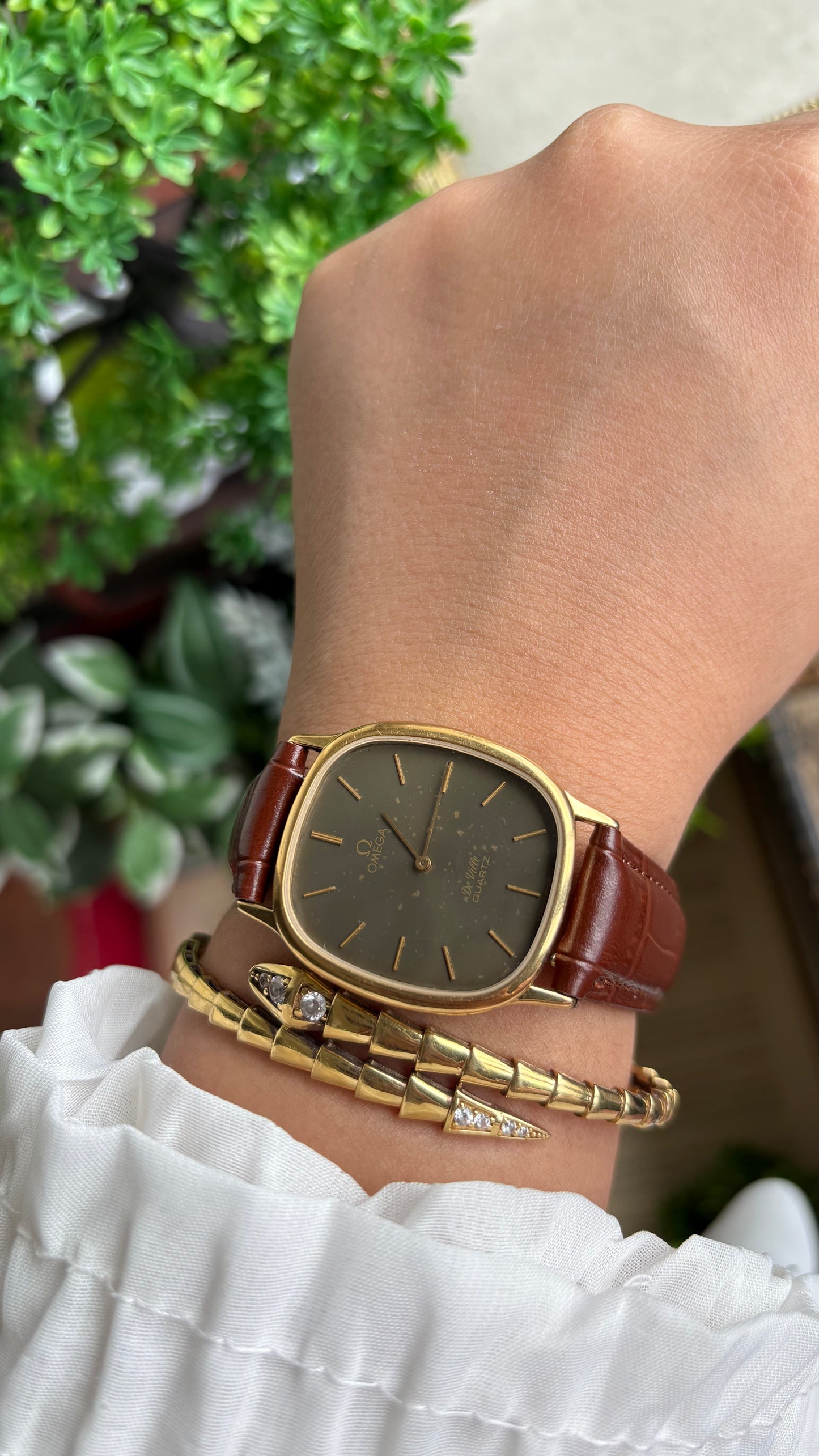 Vintage Omega De Ville Tank Men’s Dress Watch in Brown Leather Strap Black Grey Dial with Omega Box