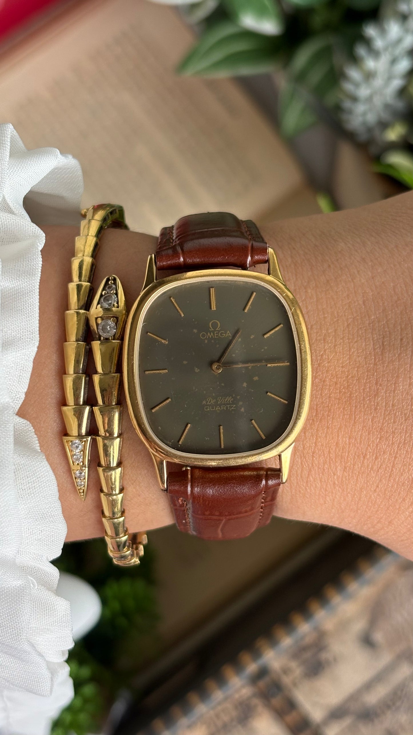 Vintage Omega De Ville Tank Men’s Dress Watch in Brown Leather Strap Black Grey Dial with Omega Box