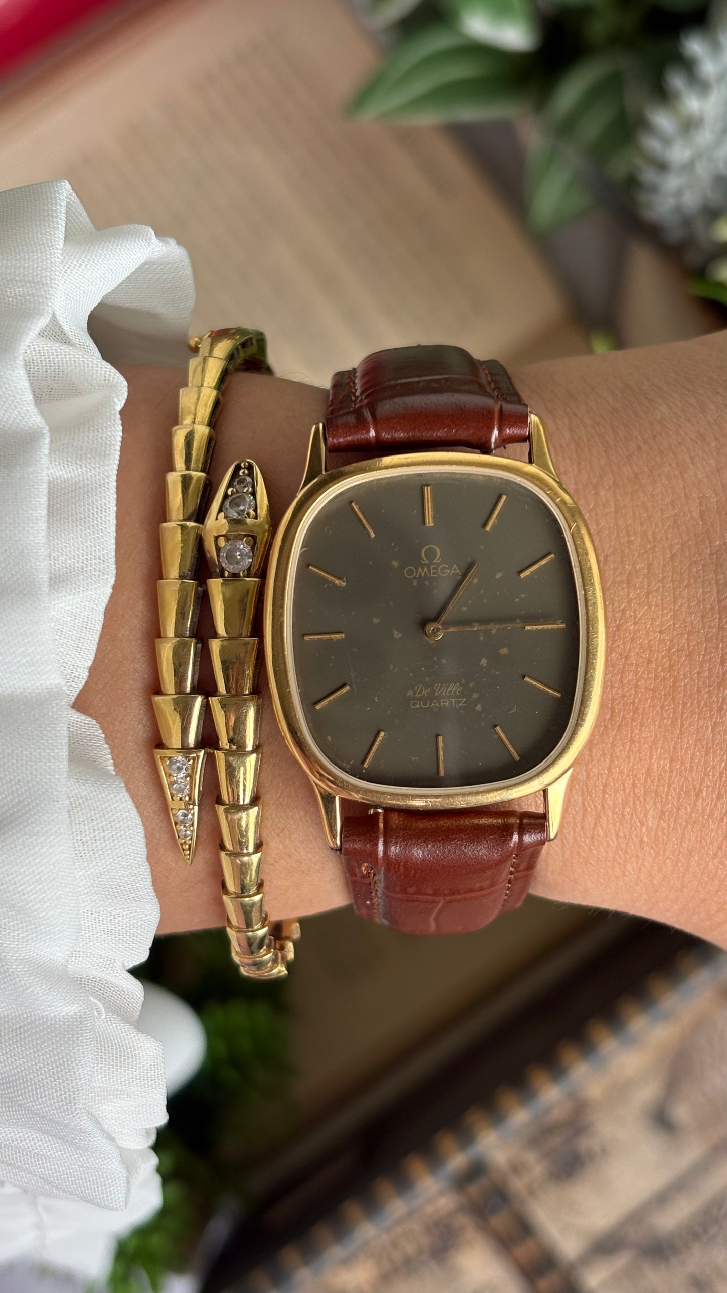 Vintage Omega De Ville Tank Men’s Dress Watch in Brown Leather Strap Black Grey Dial with Omega Box