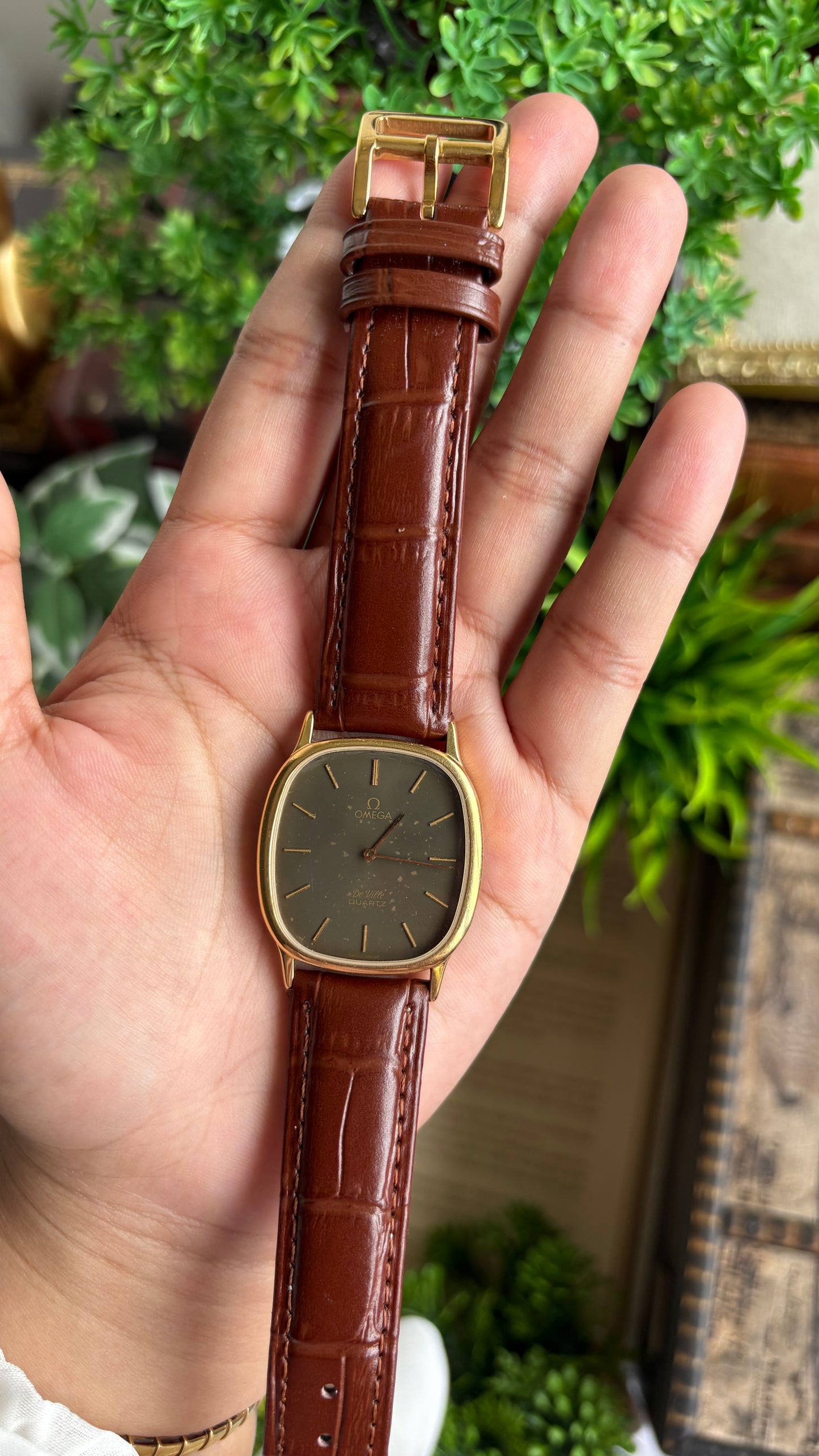 Vintage Omega De Ville Tank Men’s Dress Watch in Brown Leather Strap Black Grey Dial with Omega Box