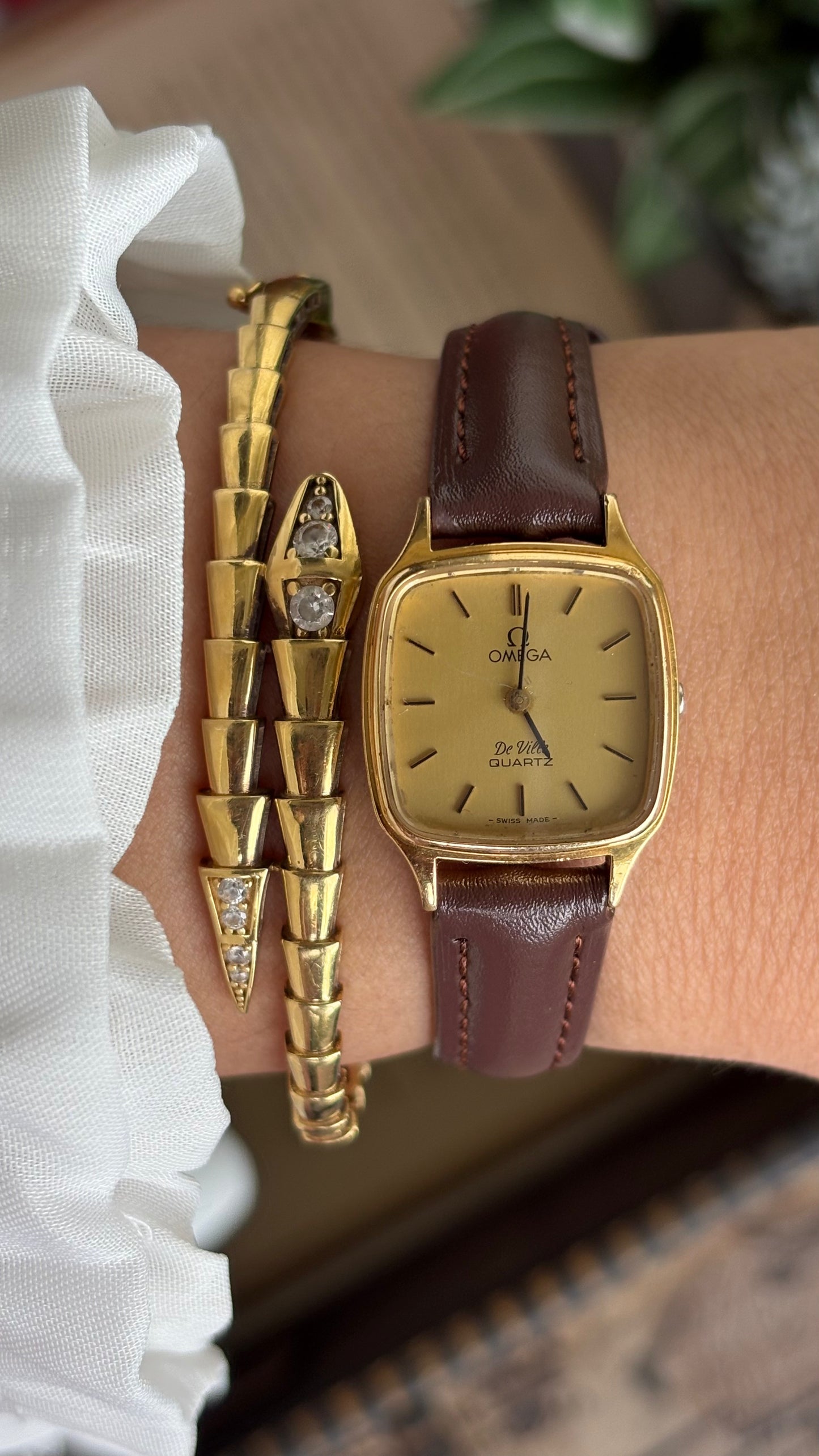 Vintage Omega De Ville Mini Tank Women’s Dress Watch in Brown Leather Strap with Omega Box