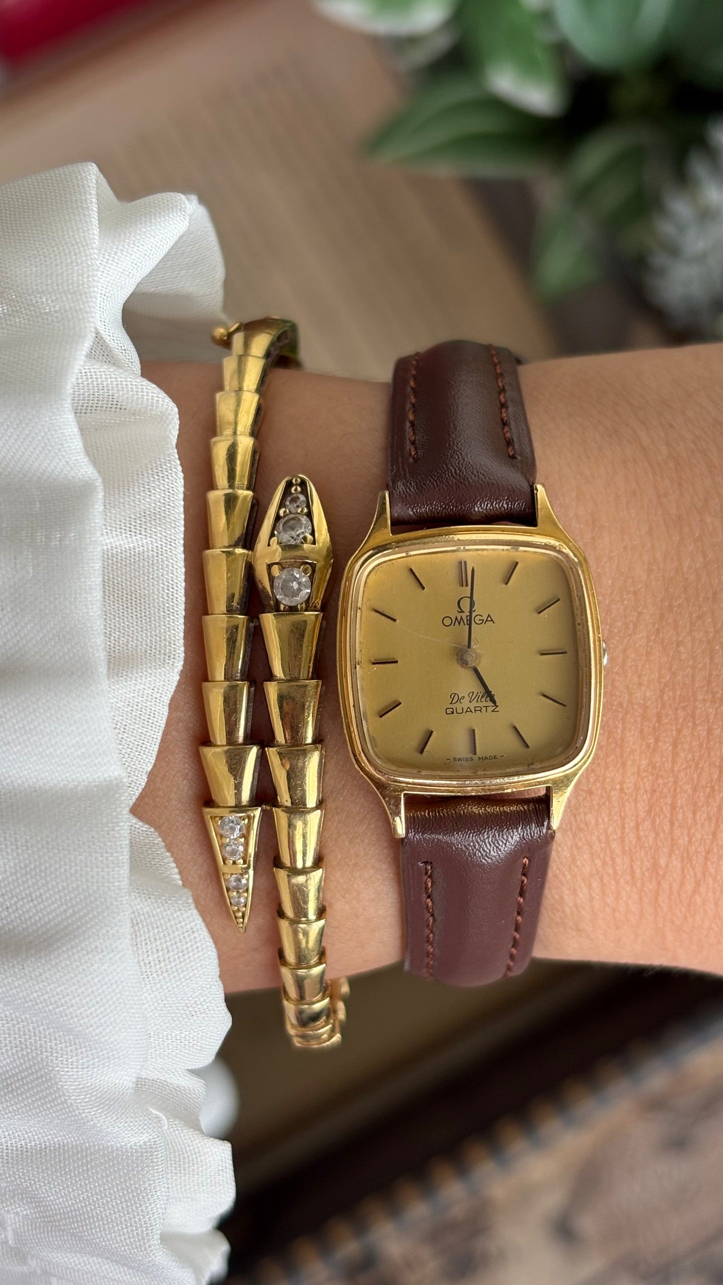 Vintage Omega De Ville Mini Tank Women’s Dress Watch in Brown Leather Strap with Omega Box