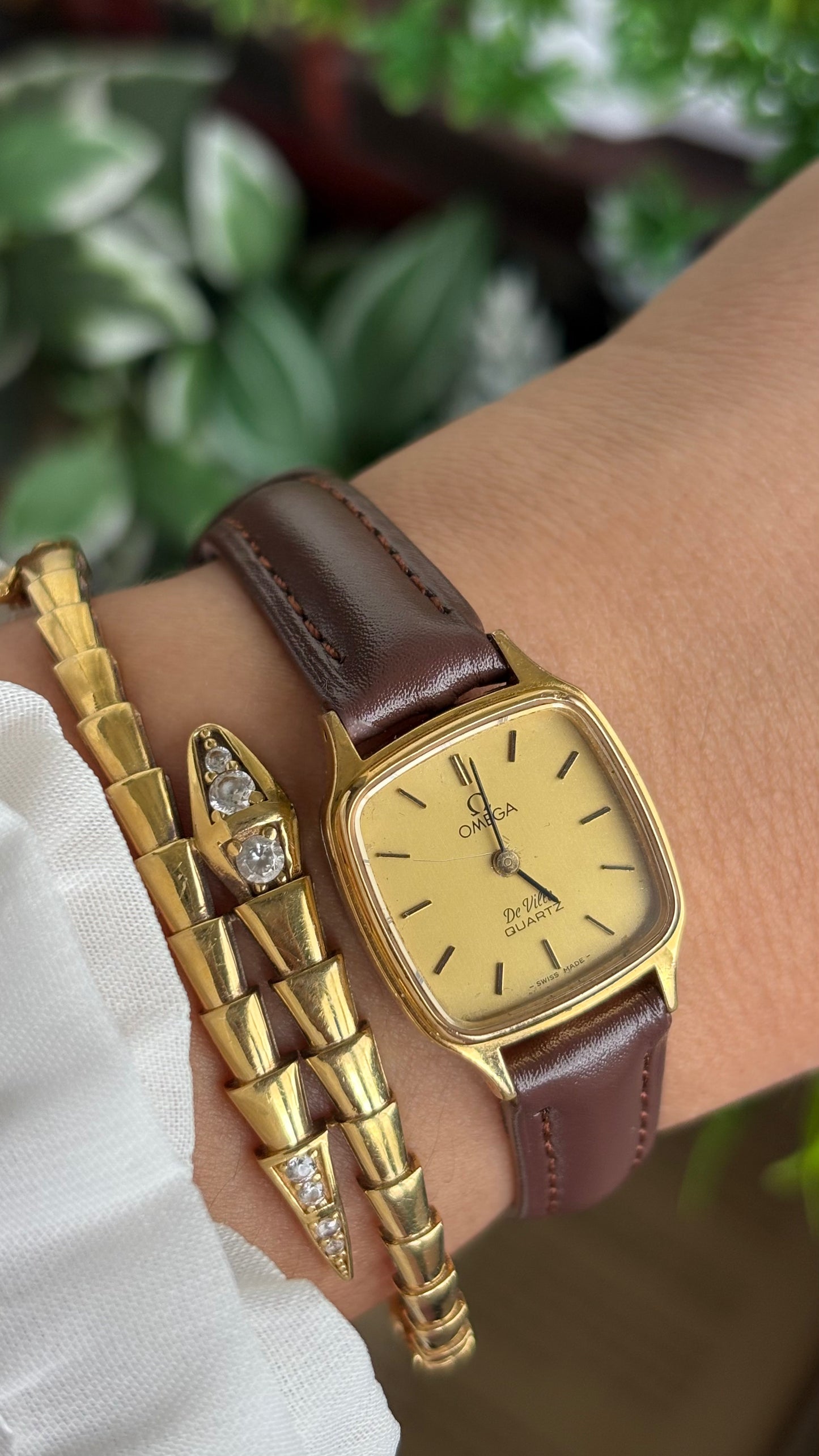 Vintage Omega De Ville Mini Tank Women’s Dress Watch in Brown Leather Strap with Omega Box