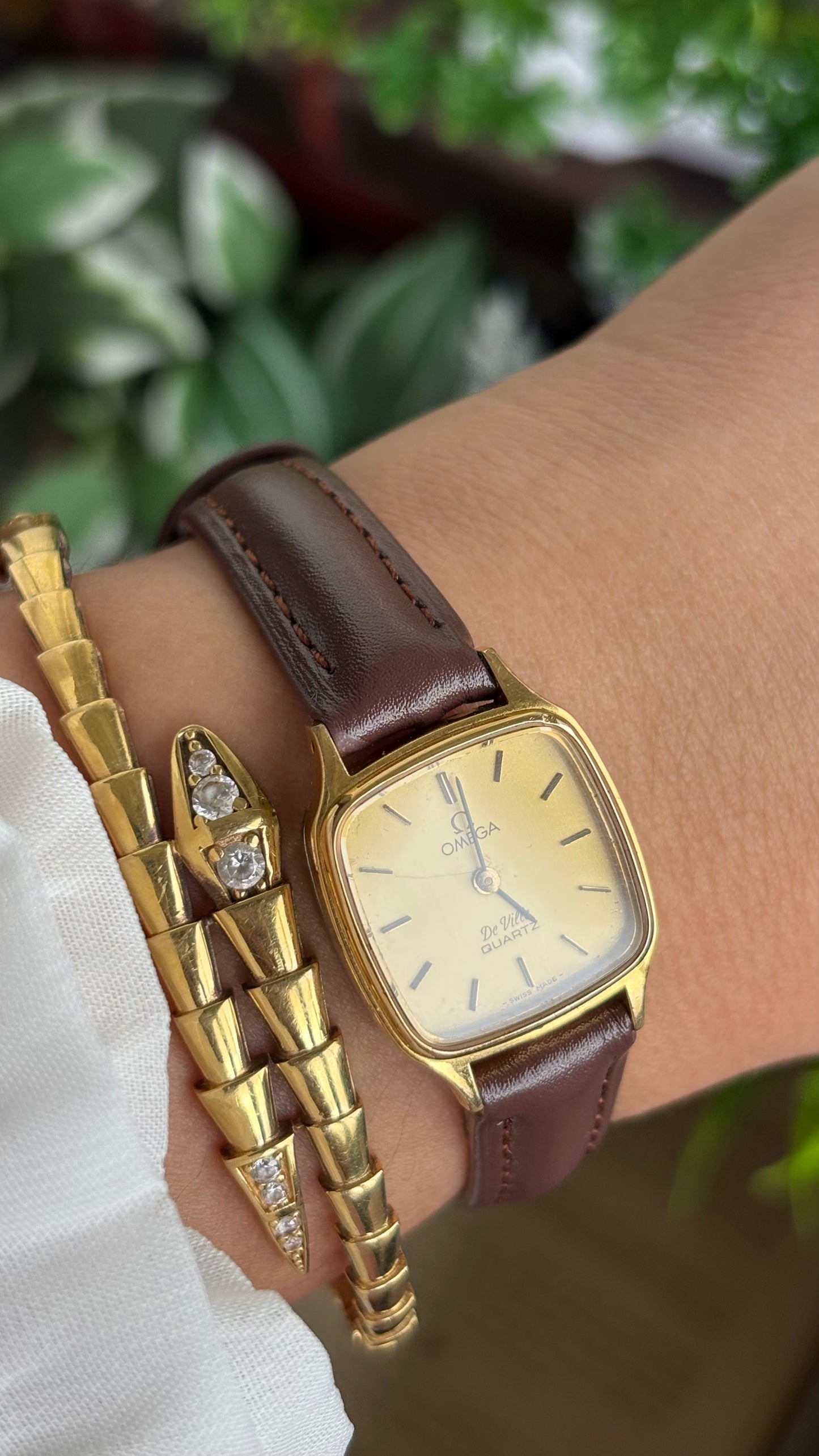 Vintage Omega De Ville Mini Tank Women’s Dress Watch in Brown Leather Strap with Omega Box