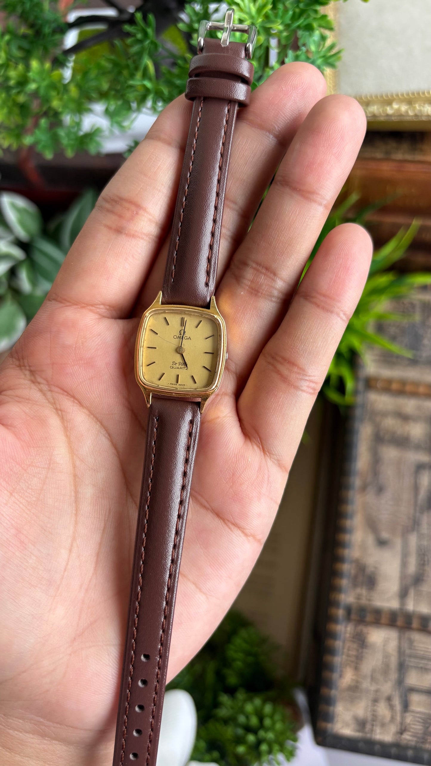 Vintage Omega De Ville Mini Tank Women’s Dress Watch in Brown Leather Strap with Omega Box