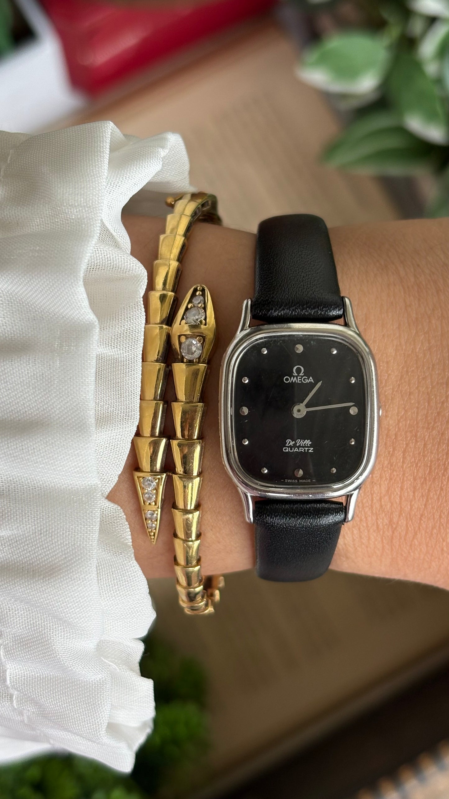 Vintage Omega De Ville Mini Tank Women’s Dress Watch in Black Leather Strap with Omega Box