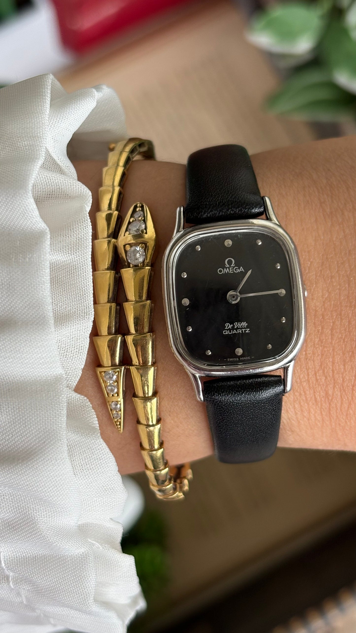 Vintage Omega De Ville Mini Tank Women’s Dress Watch in Black Leather Strap with Omega Box