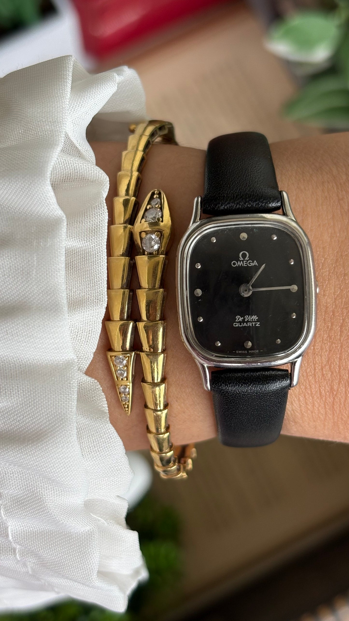 Vintage Omega De Ville Mini Tank Women’s Dress Watch in Black Leather Strap with Omega Box