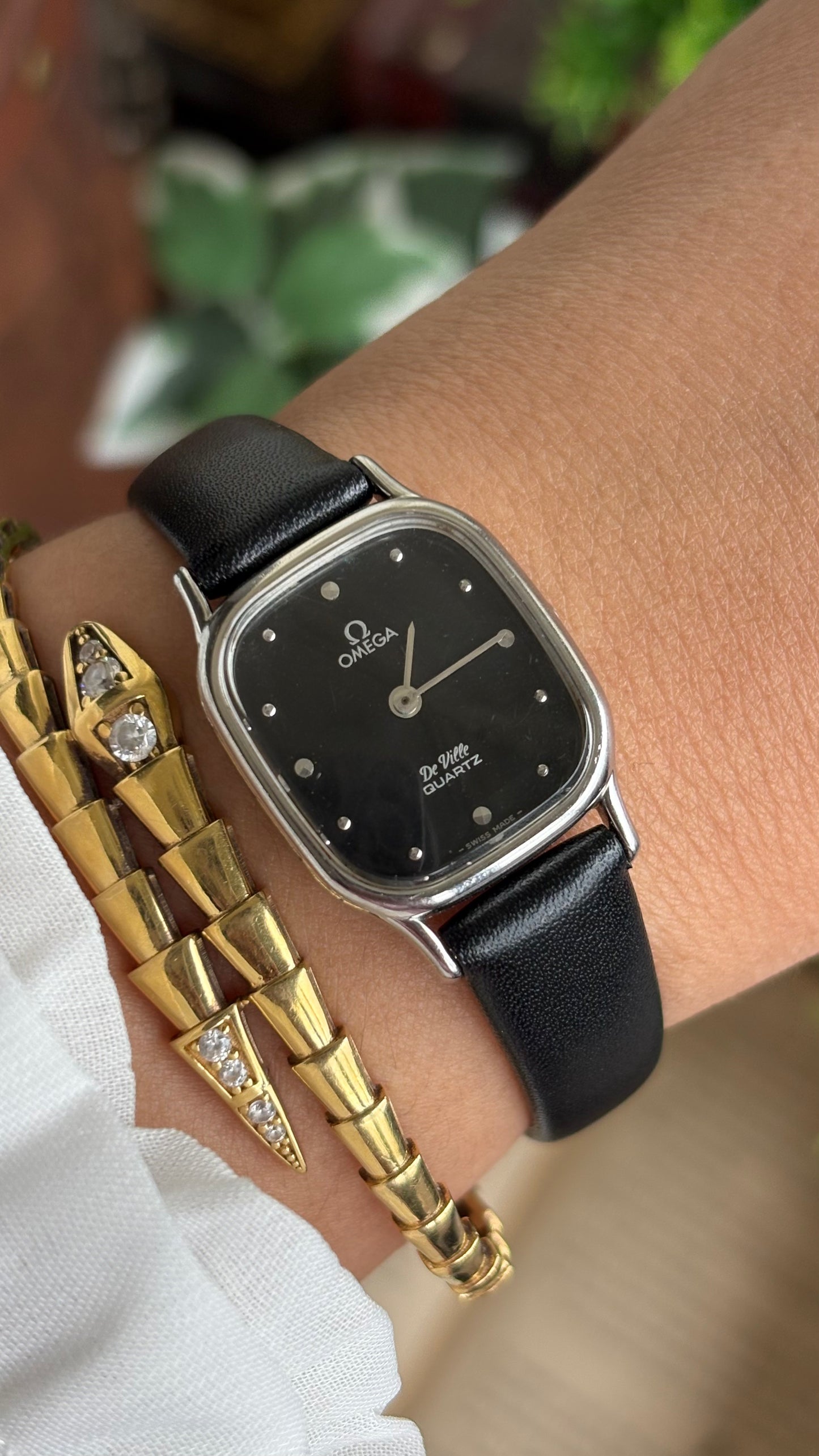 Vintage Omega De Ville Mini Tank Women’s Dress Watch in Black Leather Strap with Omega Box