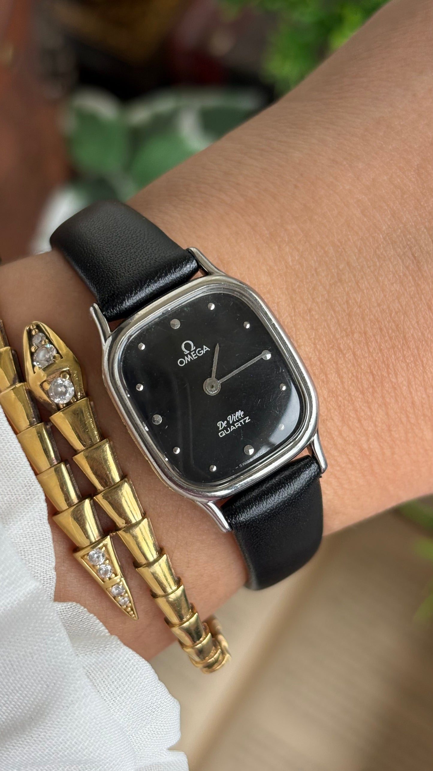 Vintage Omega De Ville Mini Tank Women’s Dress Watch in Black Leather Strap with Omega Box