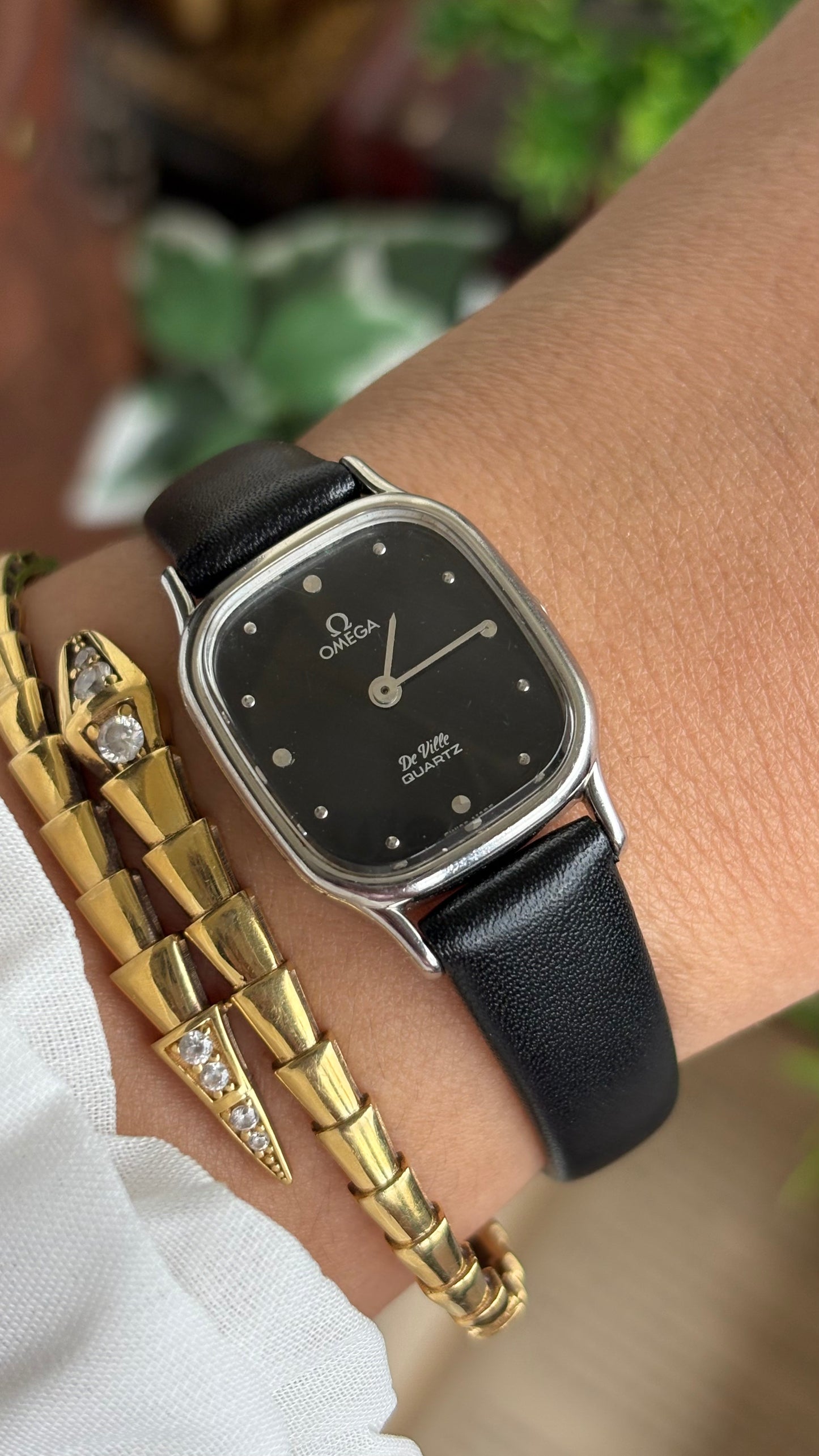 Vintage Omega De Ville Mini Tank Women’s Dress Watch in Black Leather Strap with Omega Box