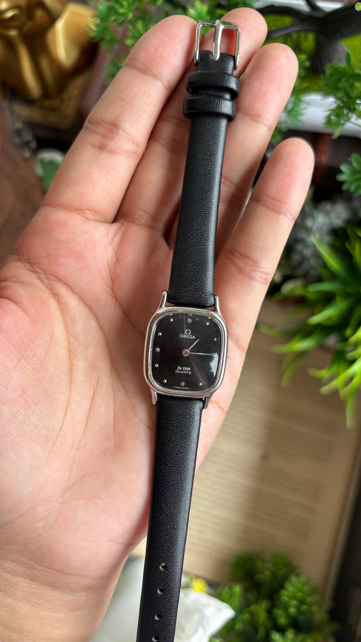 Vintage Omega De Ville Mini Tank Women’s Dress Watch in Black Leather Strap with Omega Box