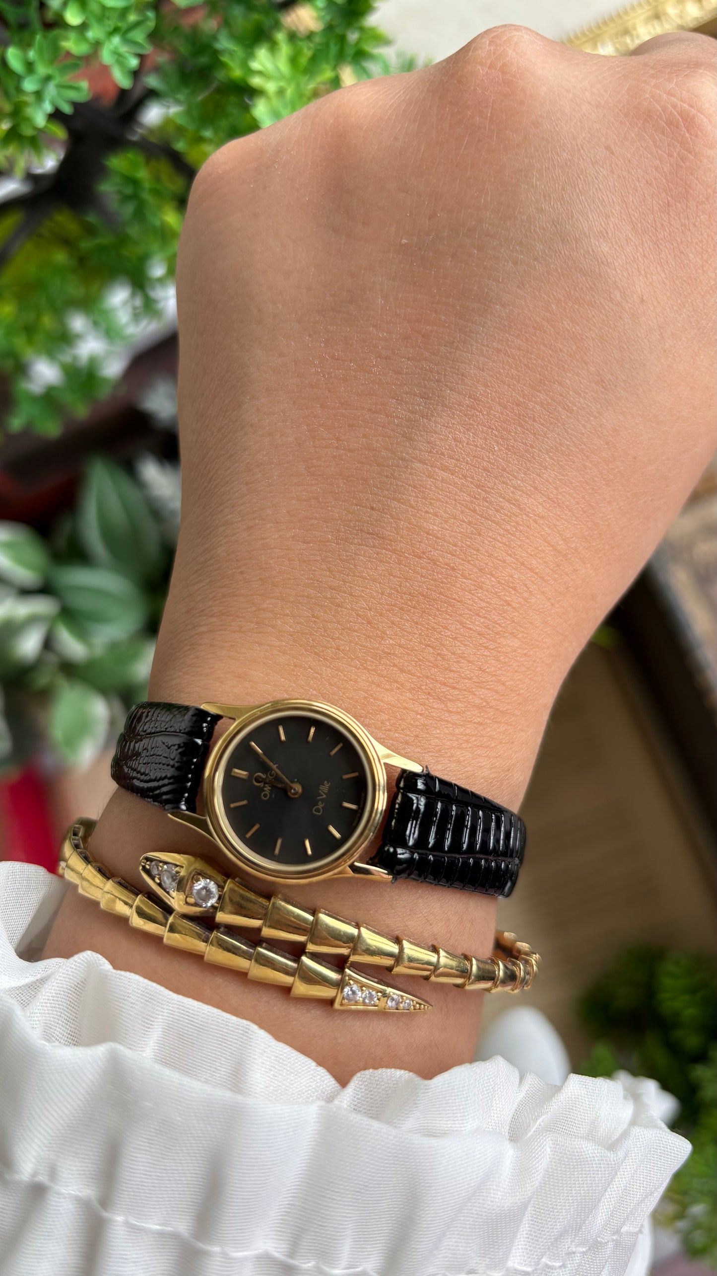 Vintage Omega De Ville Women’s Dress Watch in Black Leather Strap Black Dial with Omega Box