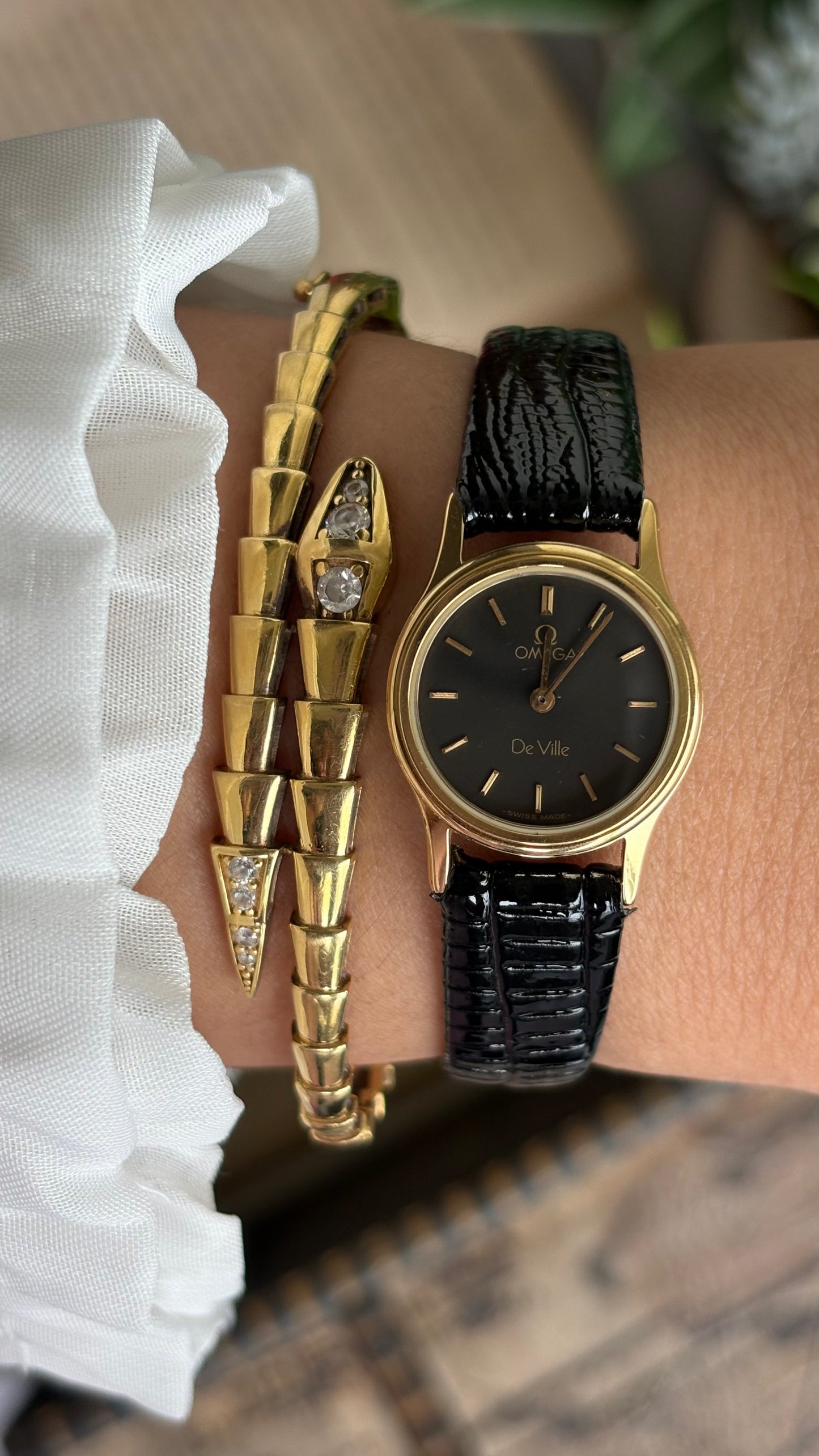 Vintage Omega De Ville Women’s Dress Watch in Black Leather Strap Black Dial with Omega Box