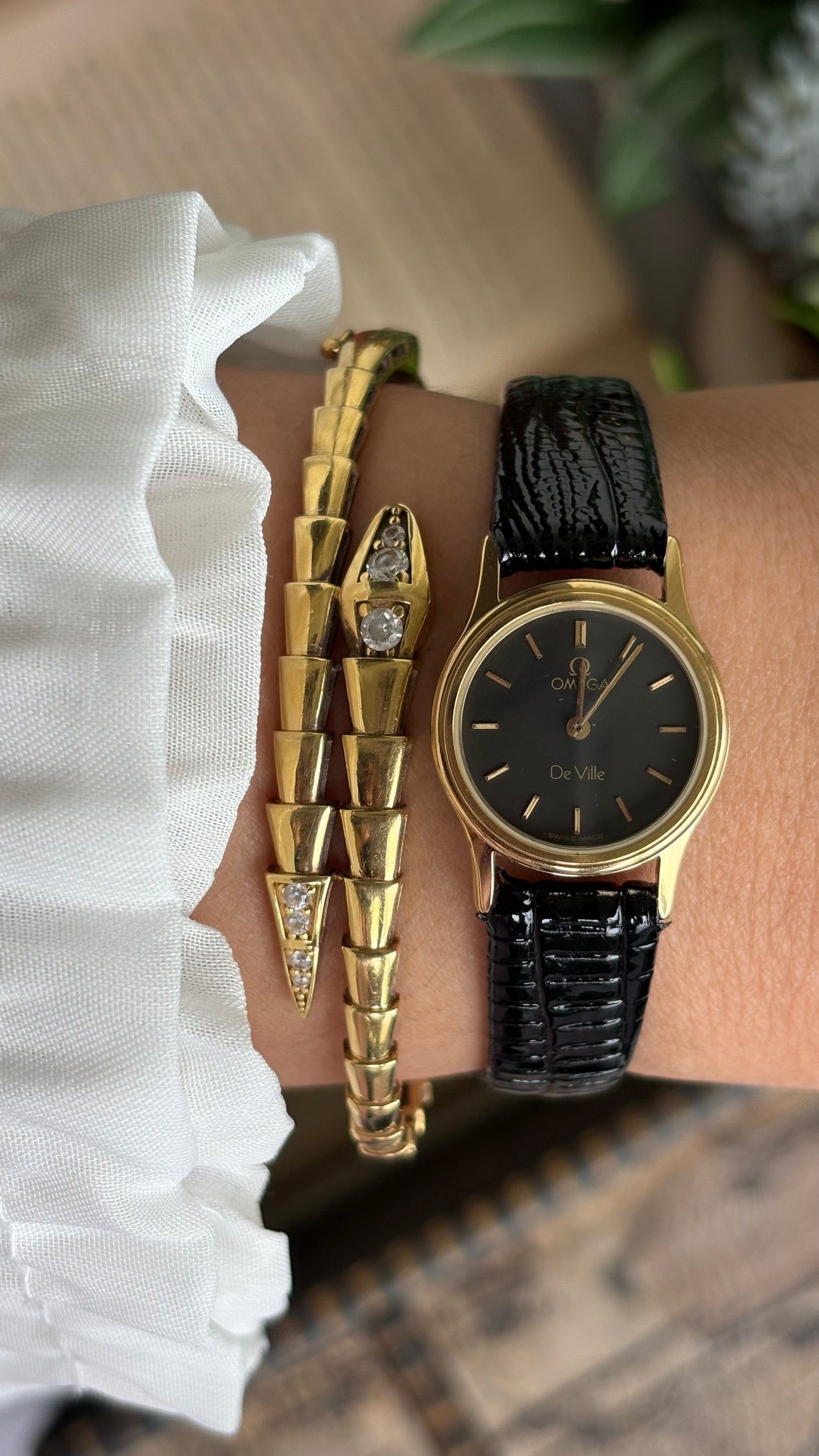 Vintage Omega De Ville Women’s Dress Watch in Black Leather Strap Black Dial with Omega Box