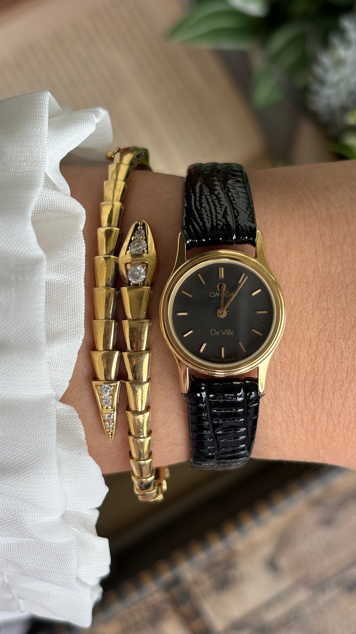 Vintage Omega De Ville Women’s Dress Watch in Black Leather Strap Black Dial with Omega Box