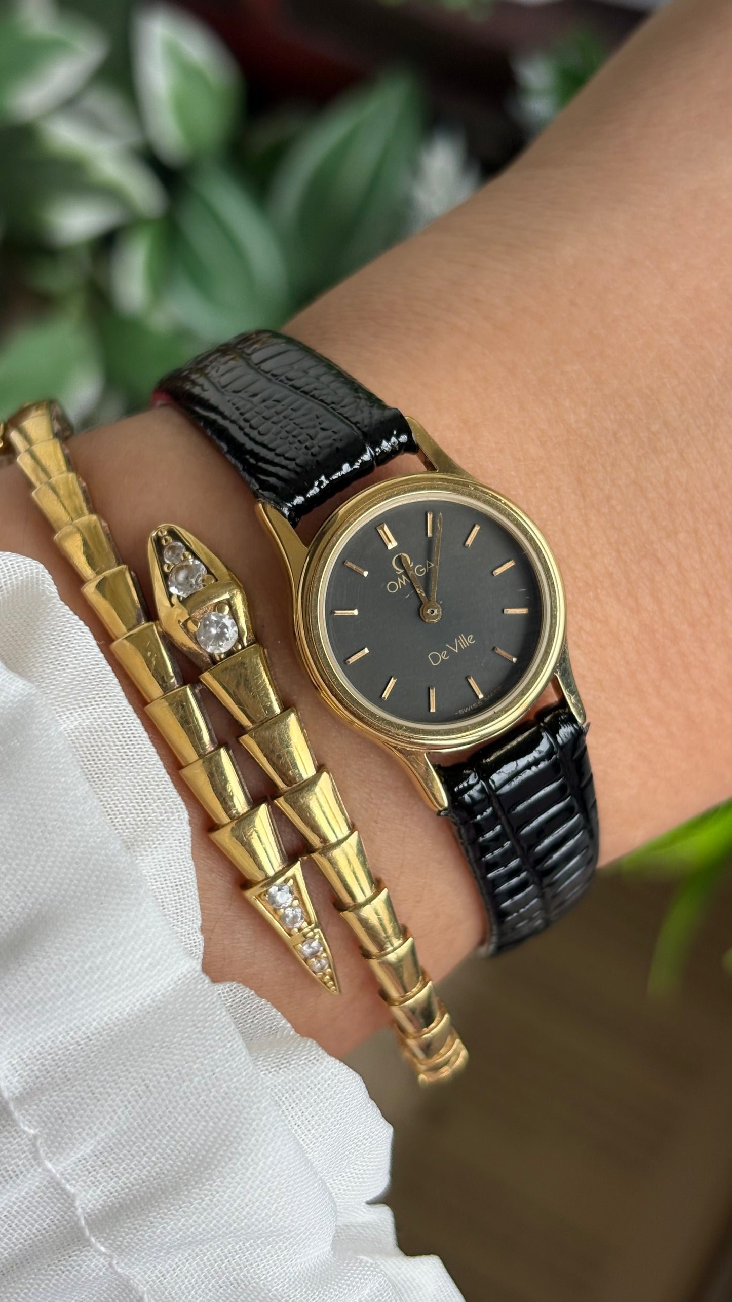 Vintage Omega De Ville Women’s Dress Watch in Black Leather Strap Black Dial with Omega Box