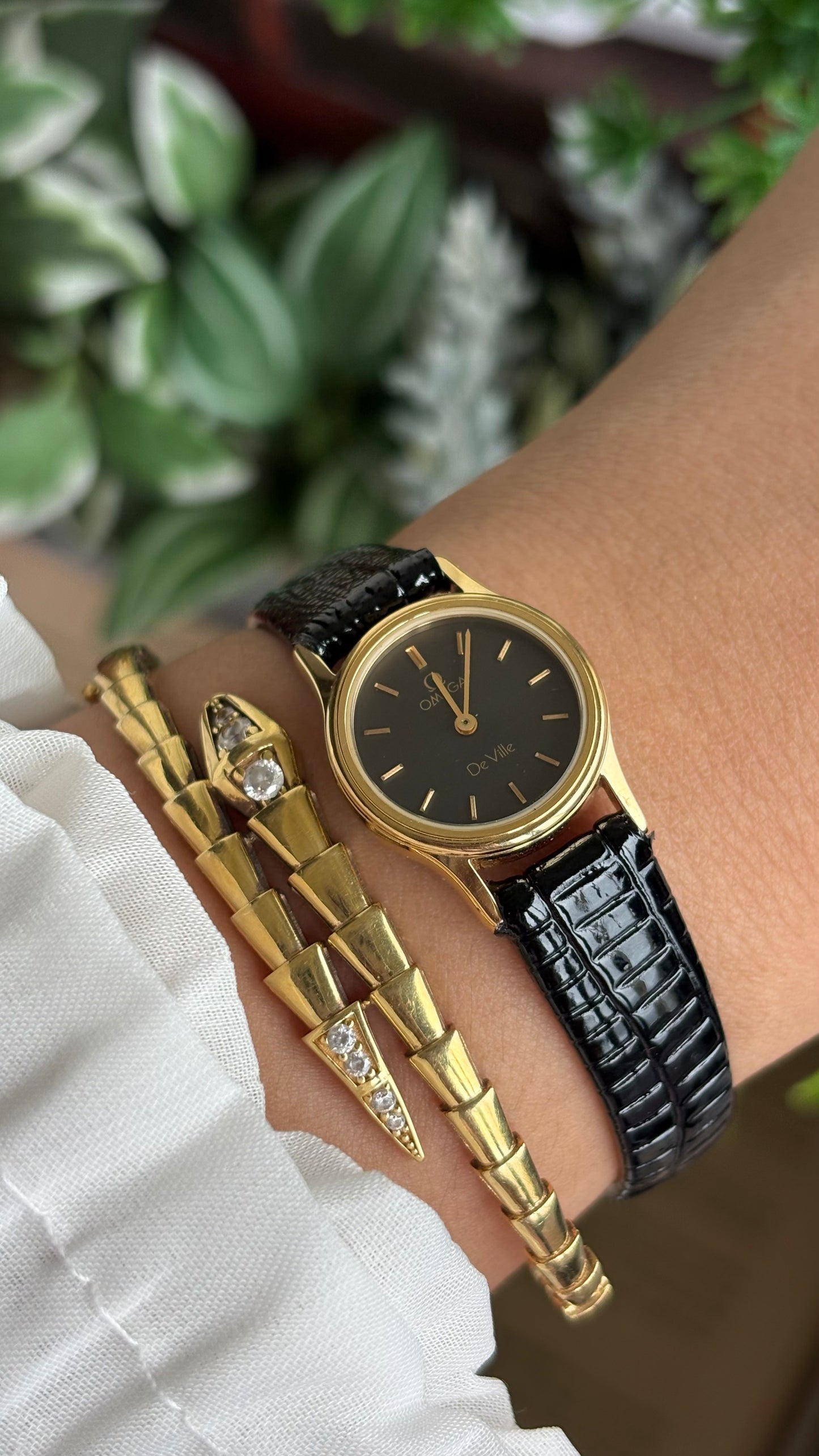 Vintage Omega De Ville Women’s Dress Watch in Black Leather Strap Black Dial with Omega Box