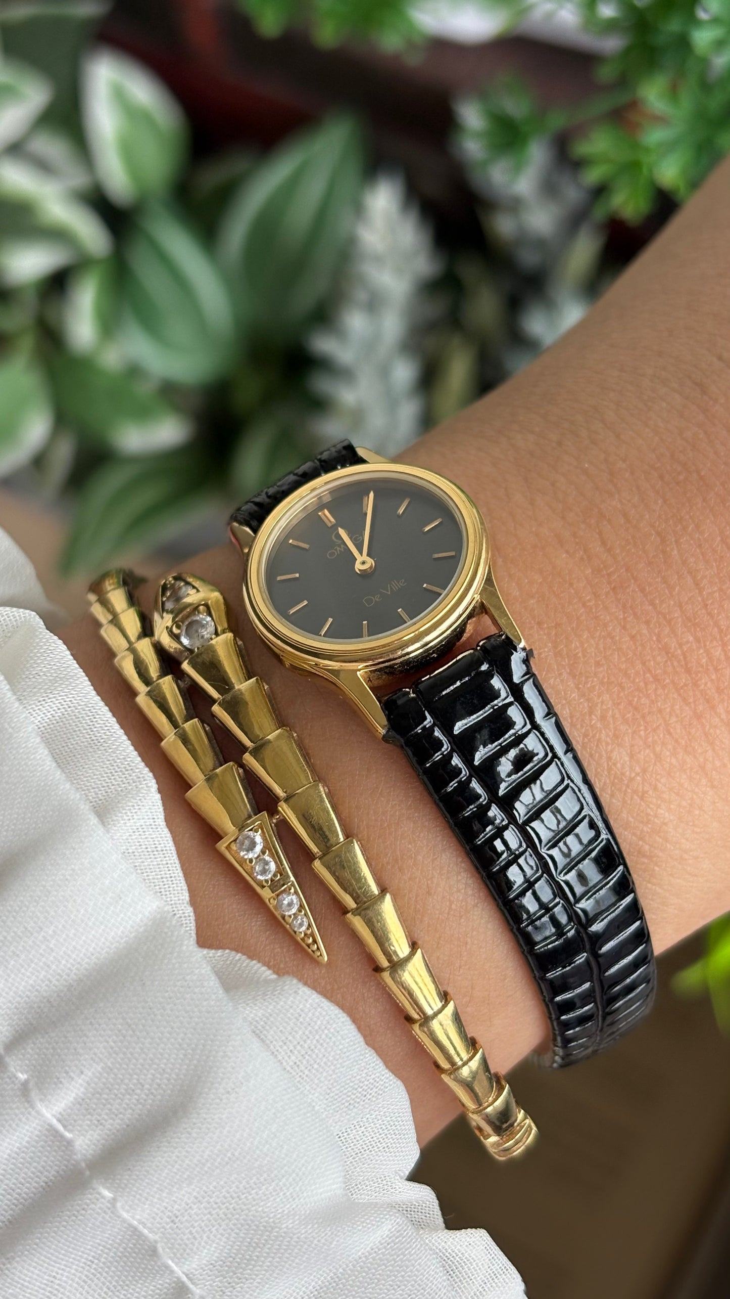 Vintage Omega De Ville Women’s Dress Watch in Black Leather Strap Black Dial with Omega Box