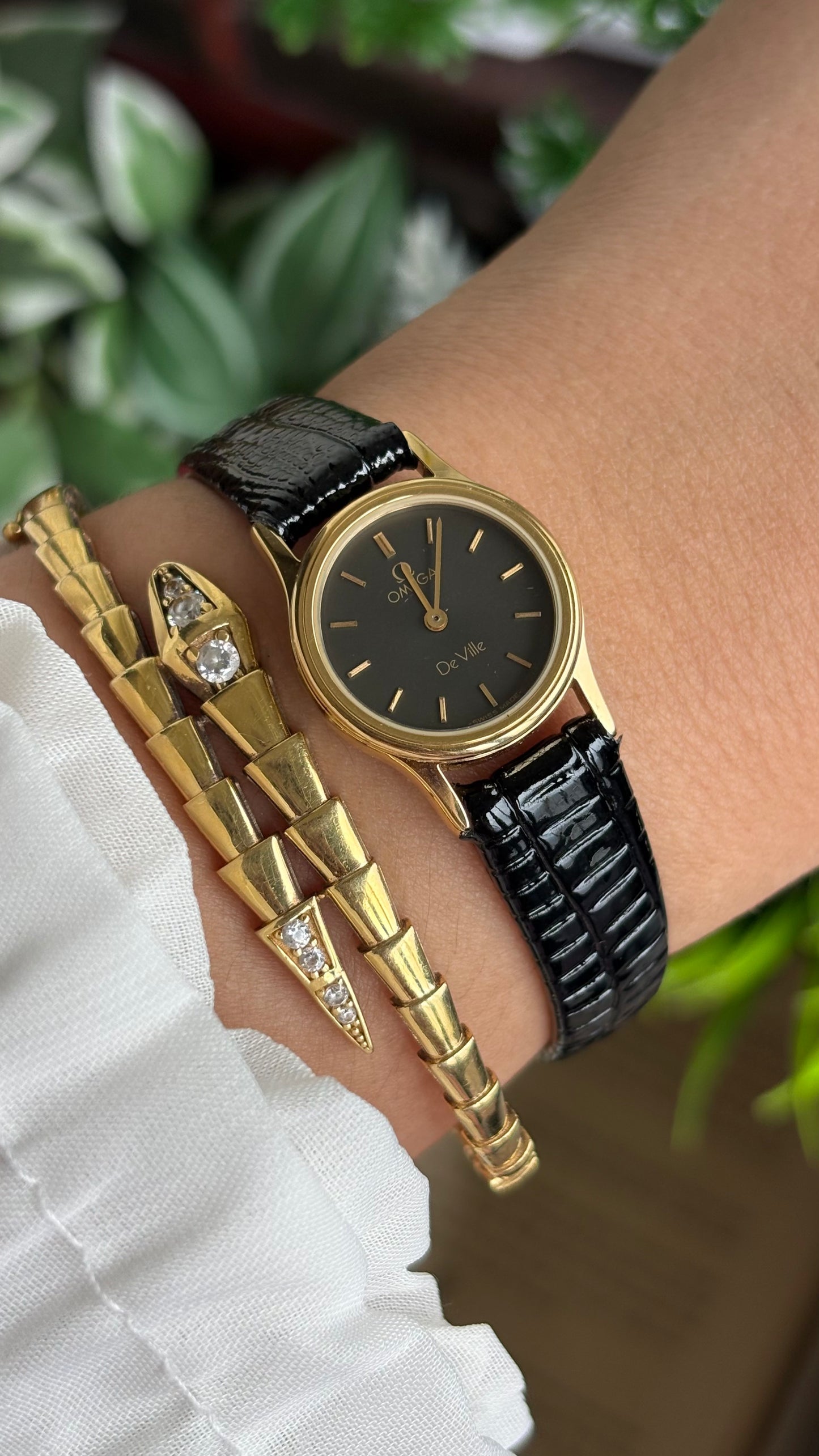 Vintage Omega De Ville Women’s Dress Watch in Black Leather Strap Black Dial with Omega Box
