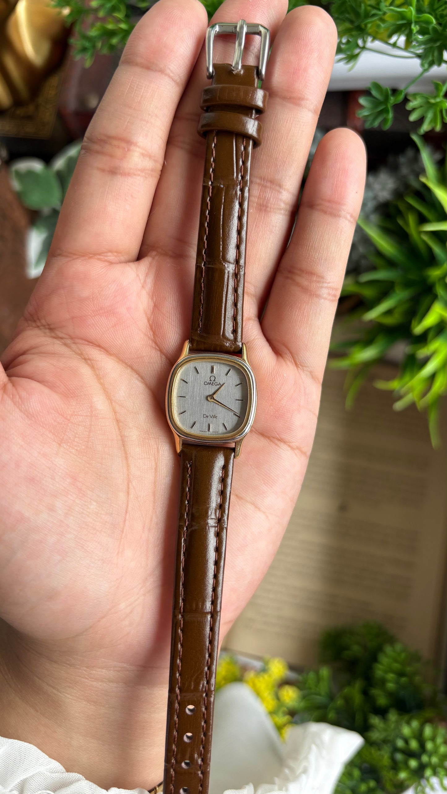 Vintage Omega De Ville Mini Tank Women’s Dress Watch in Black Leather Strap with Omega Box