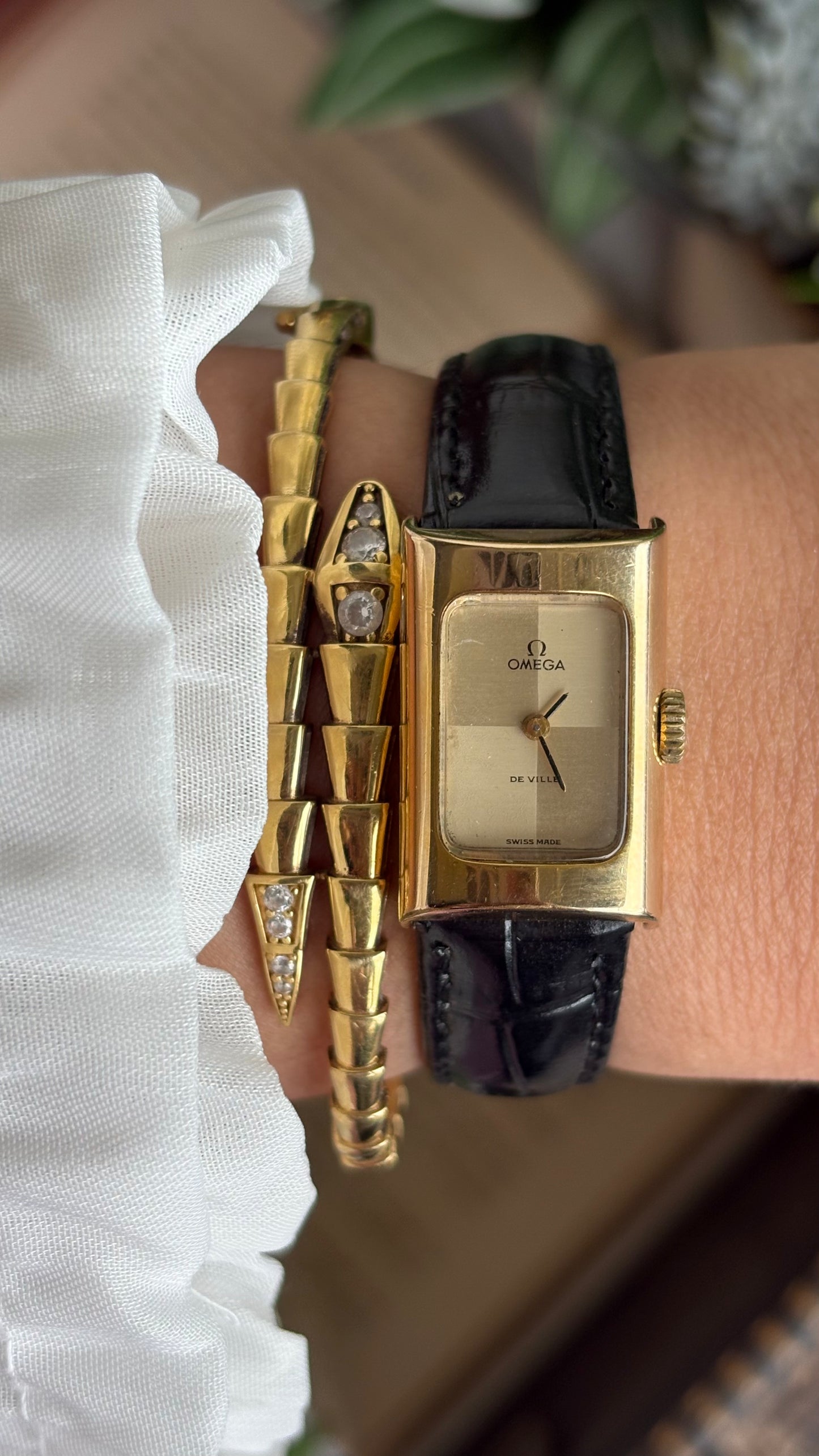 Vintage Omega De Ville Mini Tank Women’s Dress Watch in Black Leather Strap with Omega Box
