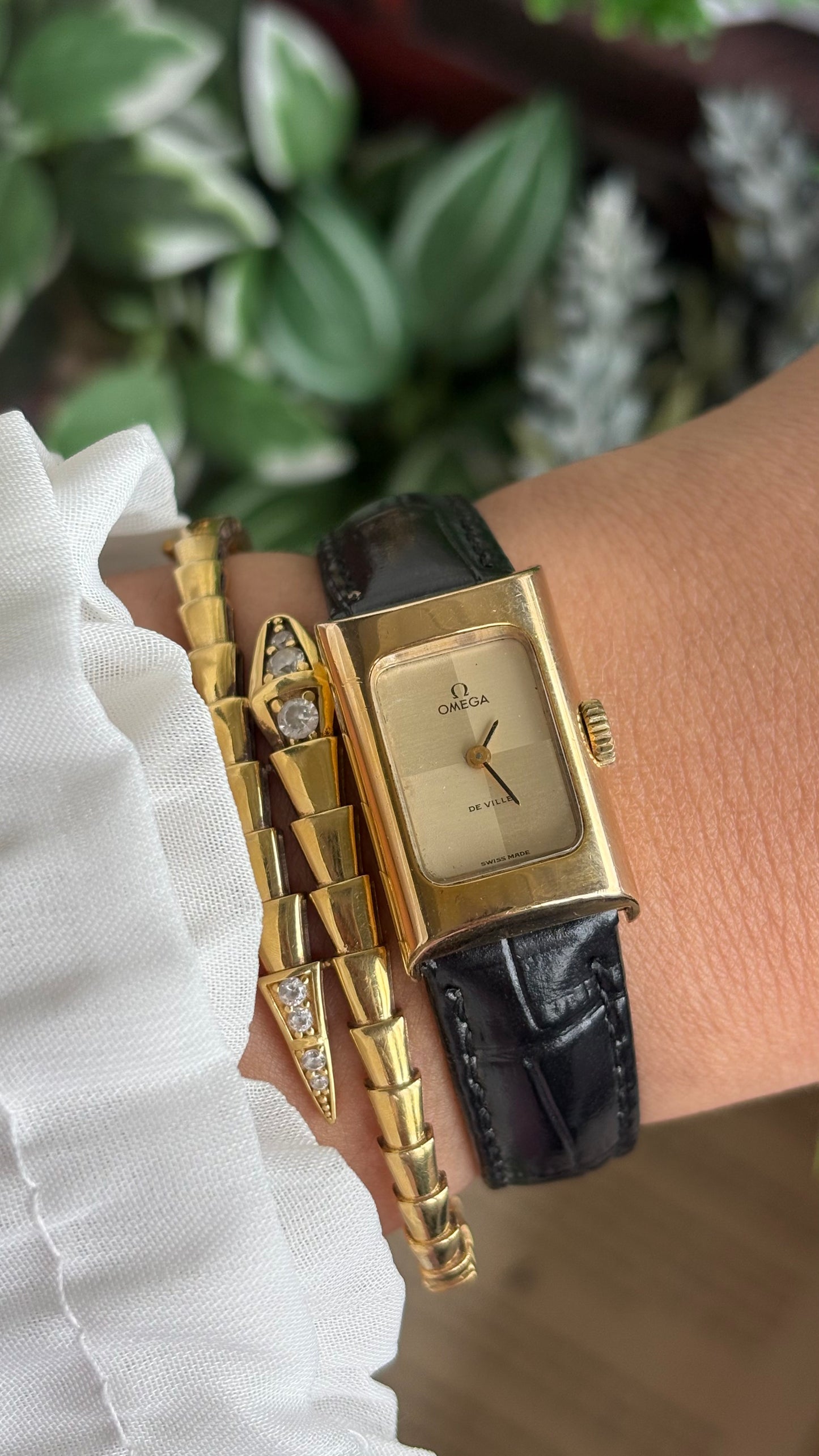 Vintage Omega De Ville Mini Tank Women’s Dress Watch in Black Leather Strap with Omega Box