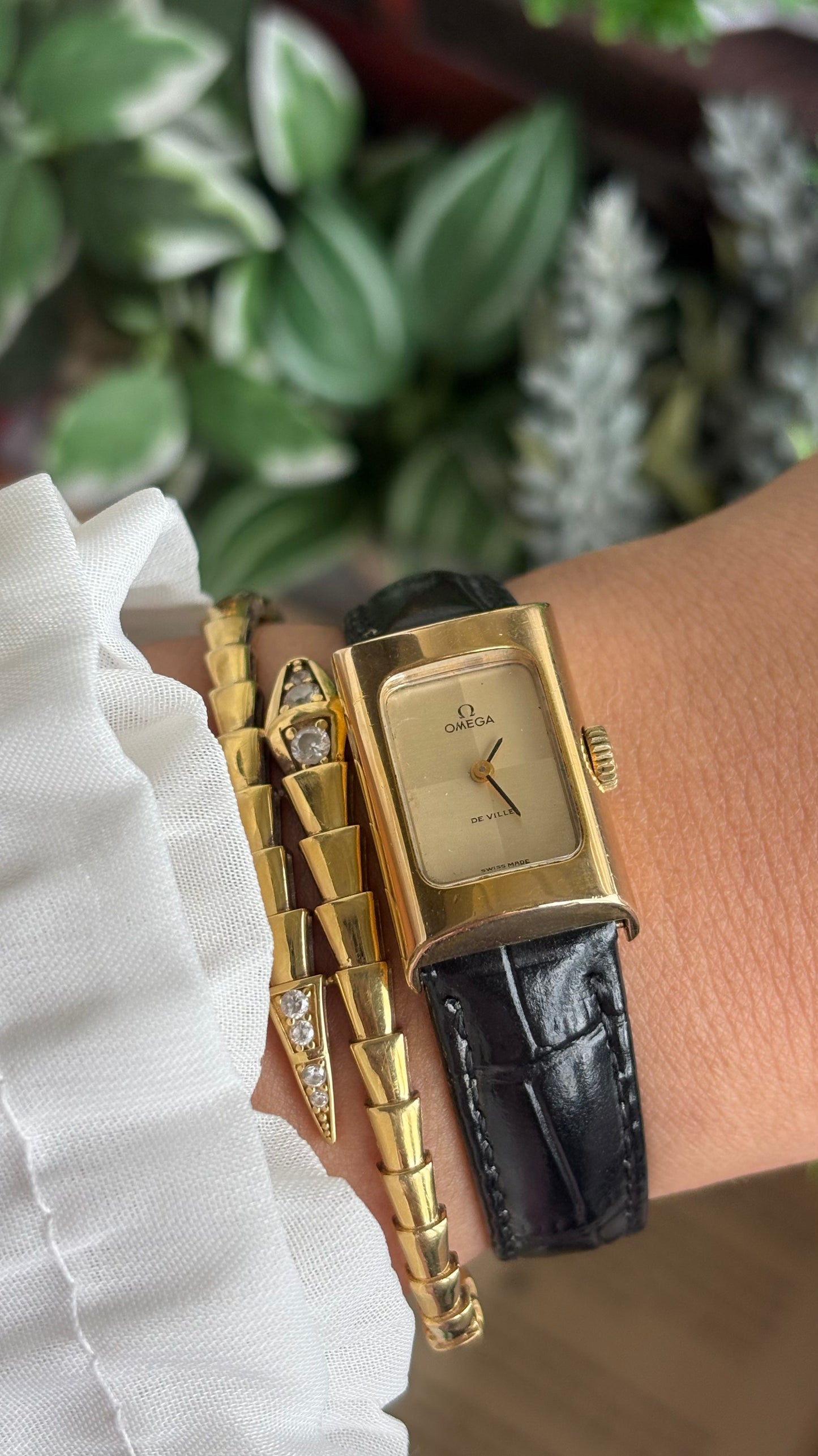 Vintage Omega De Ville Mini Tank Women’s Dress Watch in Black Leather Strap with Omega Box