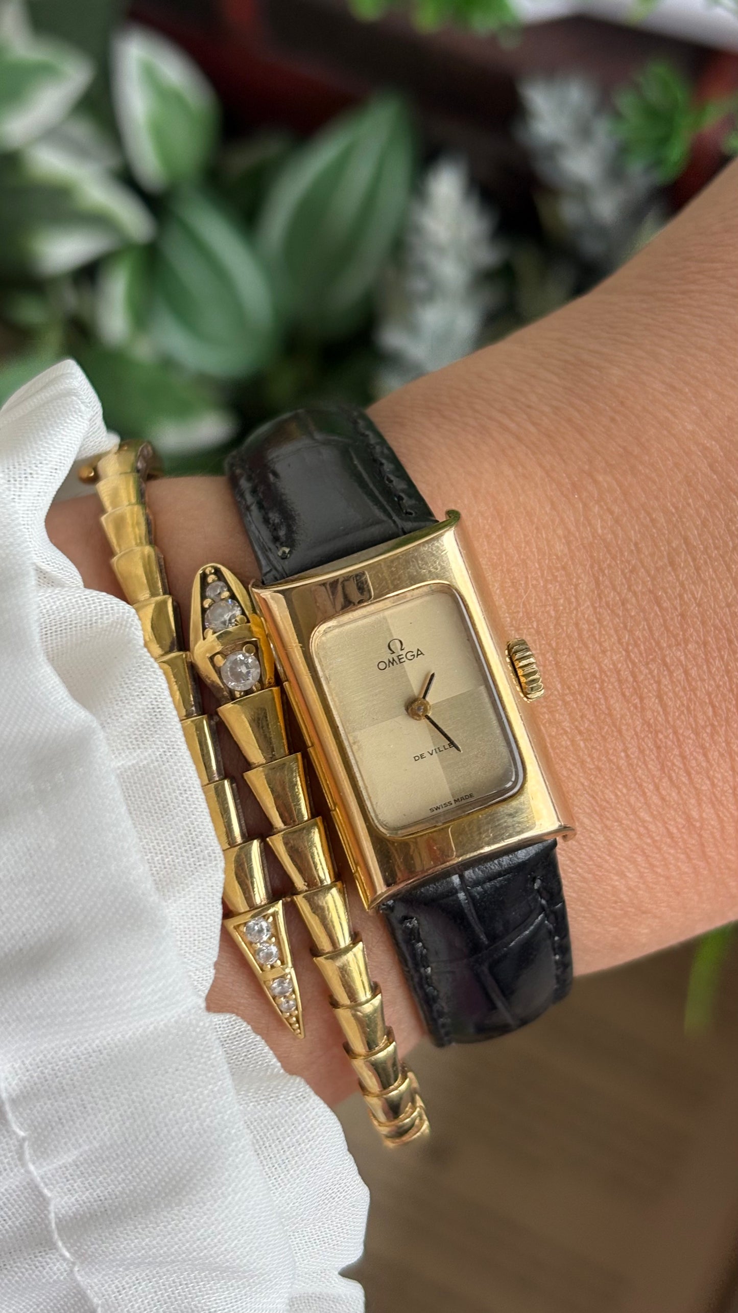 Vintage Omega De Ville Mini Tank Women’s Dress Watch in Black Leather Strap with Omega Box