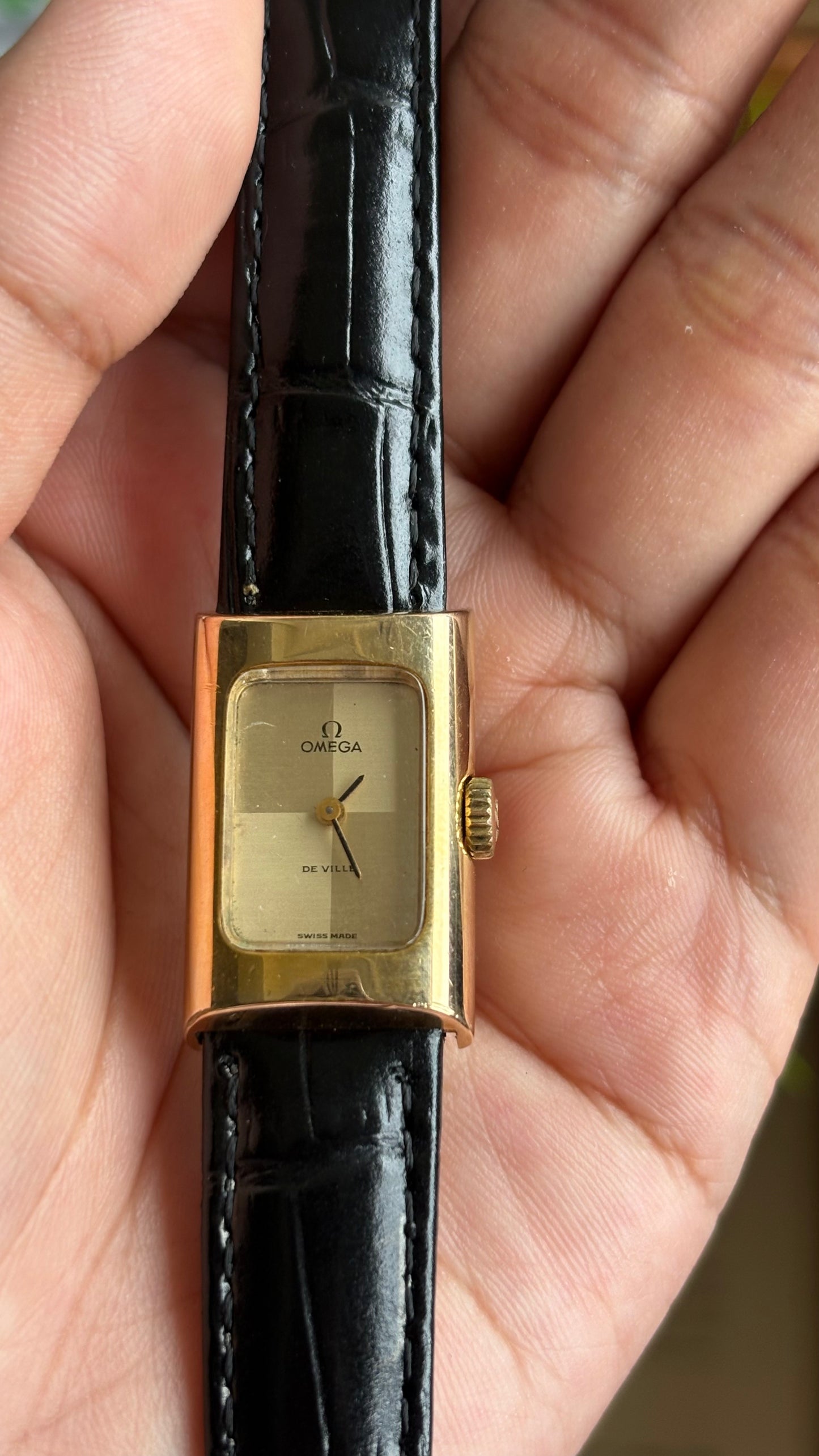 Vintage Omega De Ville Mini Tank Women’s Dress Watch in Black Leather Strap with Omega Box