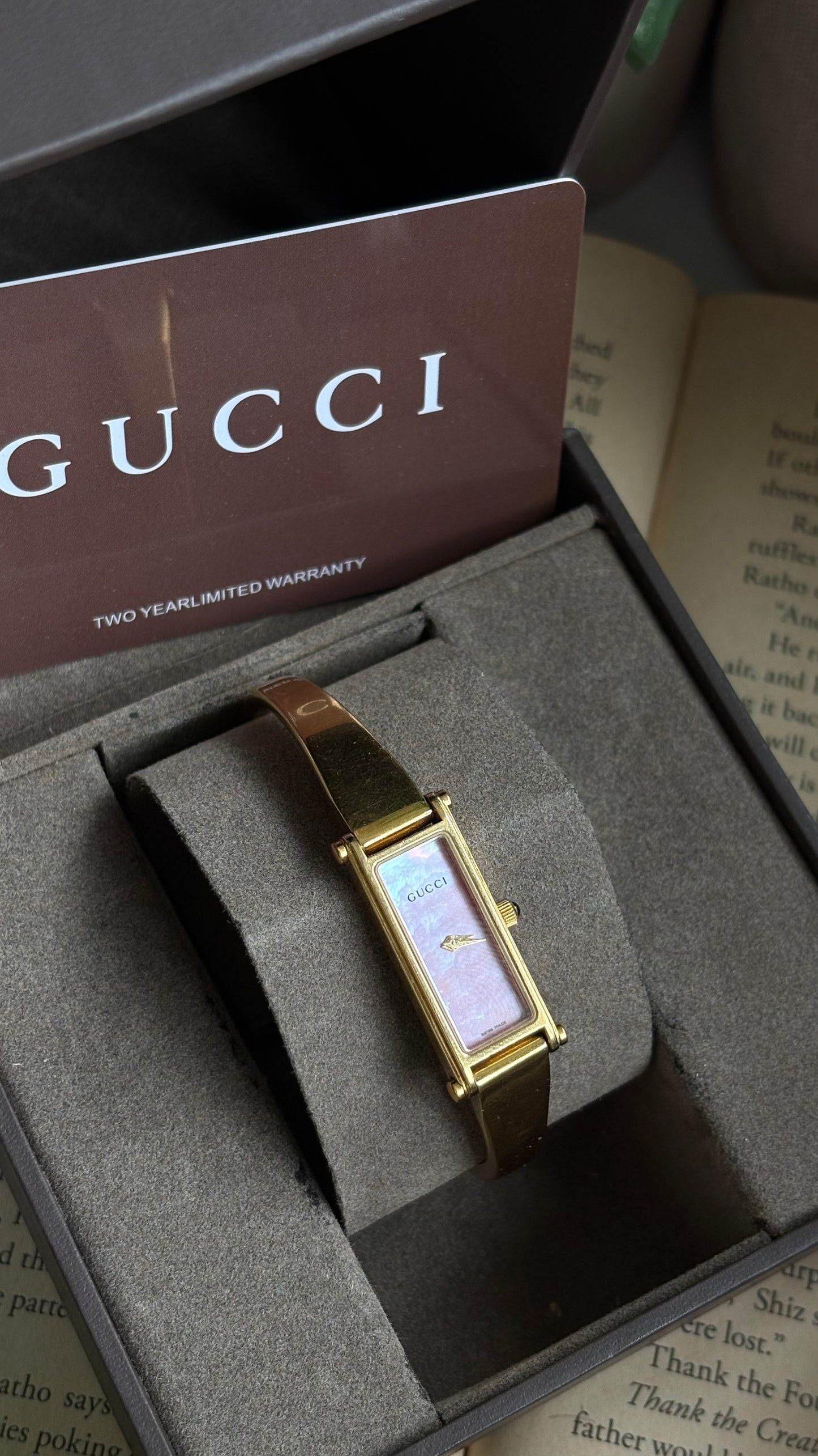 Vintage Gucci 1500L Watch in Gold Tone Mother of Pearl Pink Dial with Gucci Box