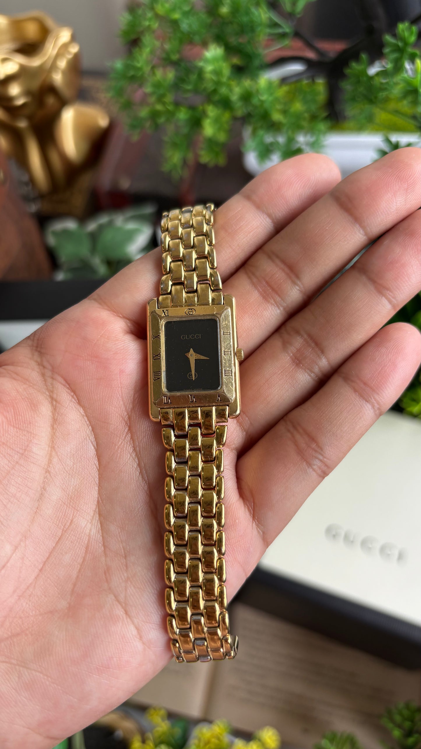 Vintage Gucci 4200L Tank Watch in Gold Tone Black Dial with Gucci Box