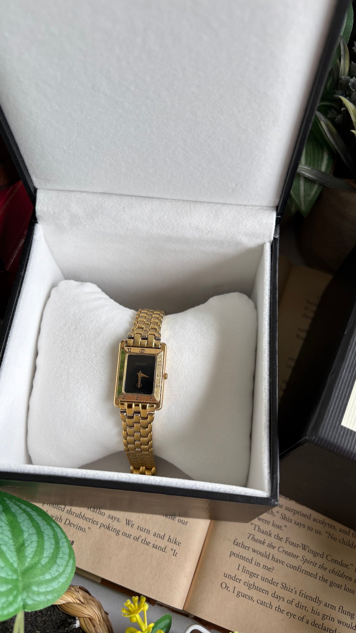 Vintage Gucci 4200L Tank Watch in Gold Tone Black Dial with Gucci Box