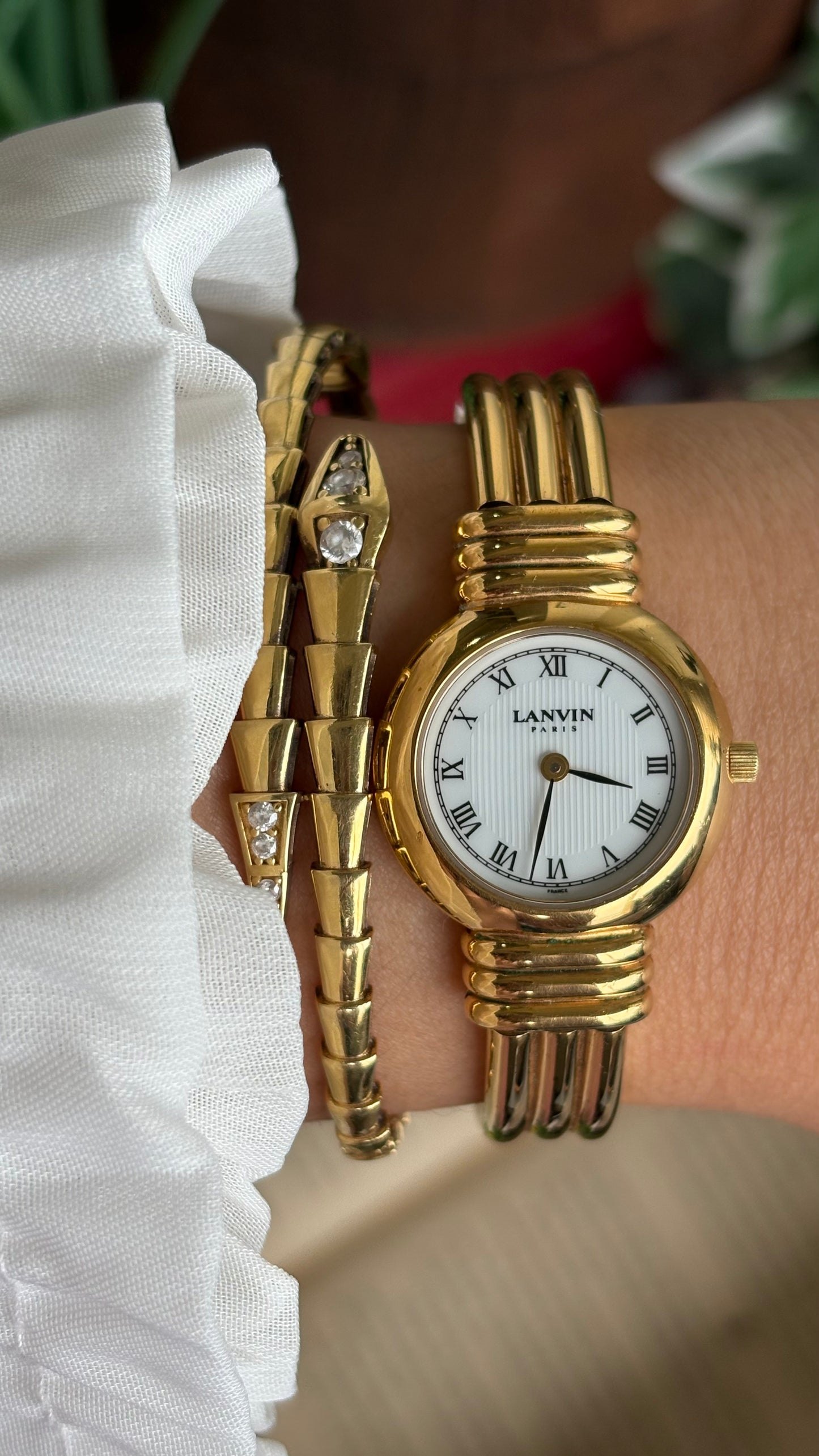 Vintage Lanvin Paris Bangle Watch in Gold Tone Roman Dial